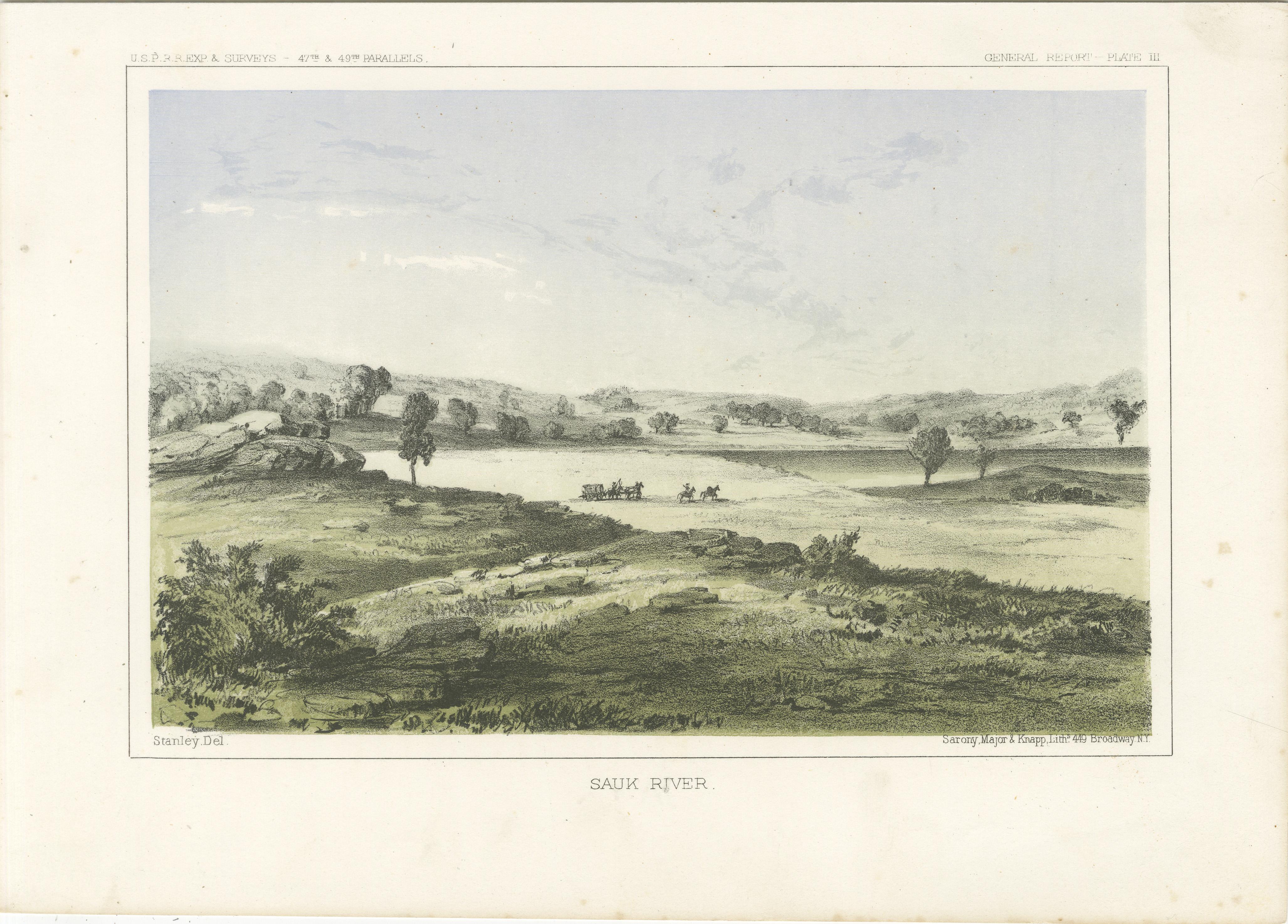 Titel: Landschaft am Sauk River - getönte Lithographie aus der Vermessung der Pazifik-Eisenbahn, 1856  

Beschreibung: Diese heitere Lithografie 