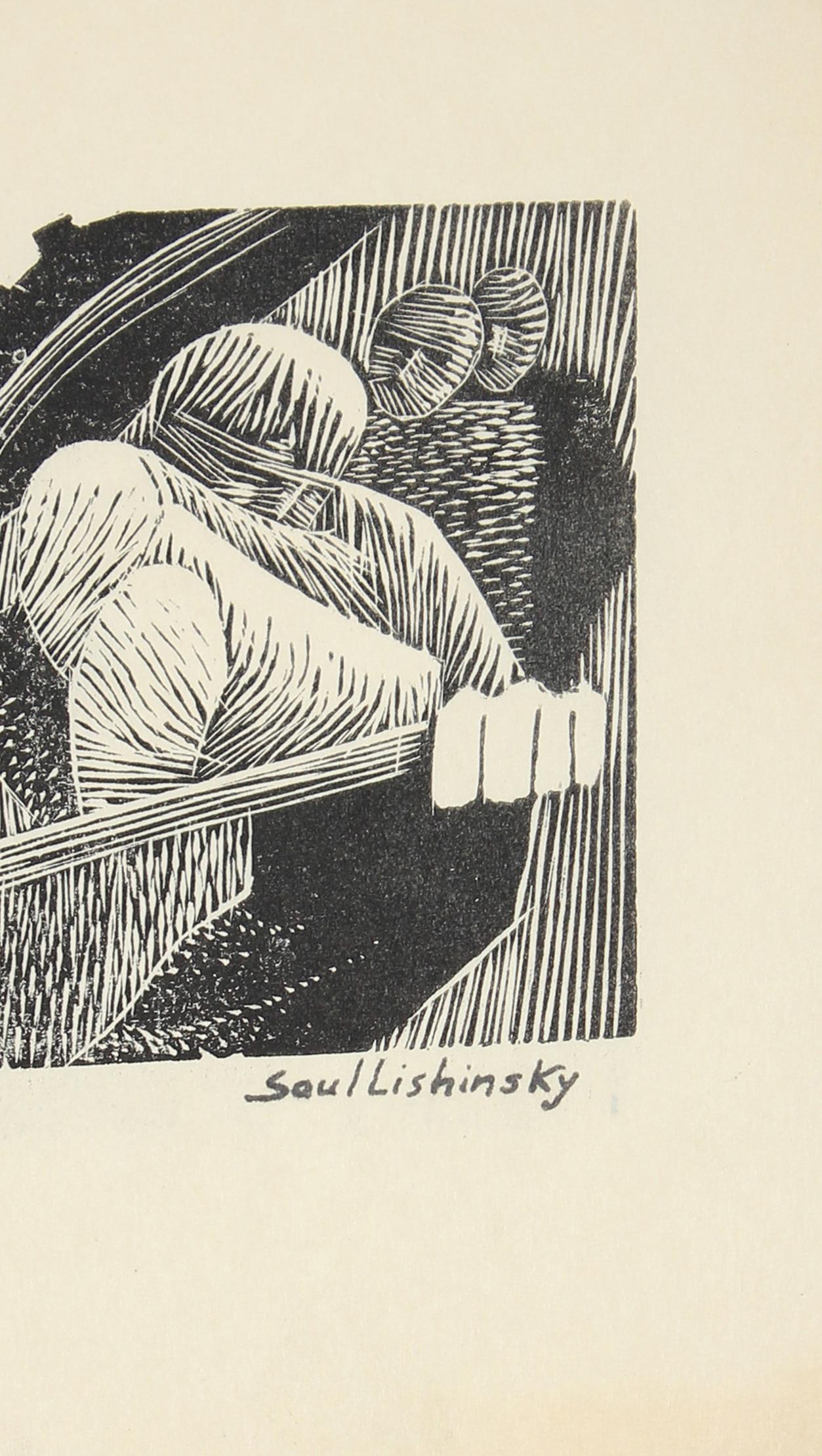This mid 20th century monochromatic linoleum block print on paper is by Bronx/New York artist Saul Lishinsky (1922-2012). Lishinsky studied with Hans Hoffman in Provincetown, and attended the Art Students League in New York City. Lishinsky showed at