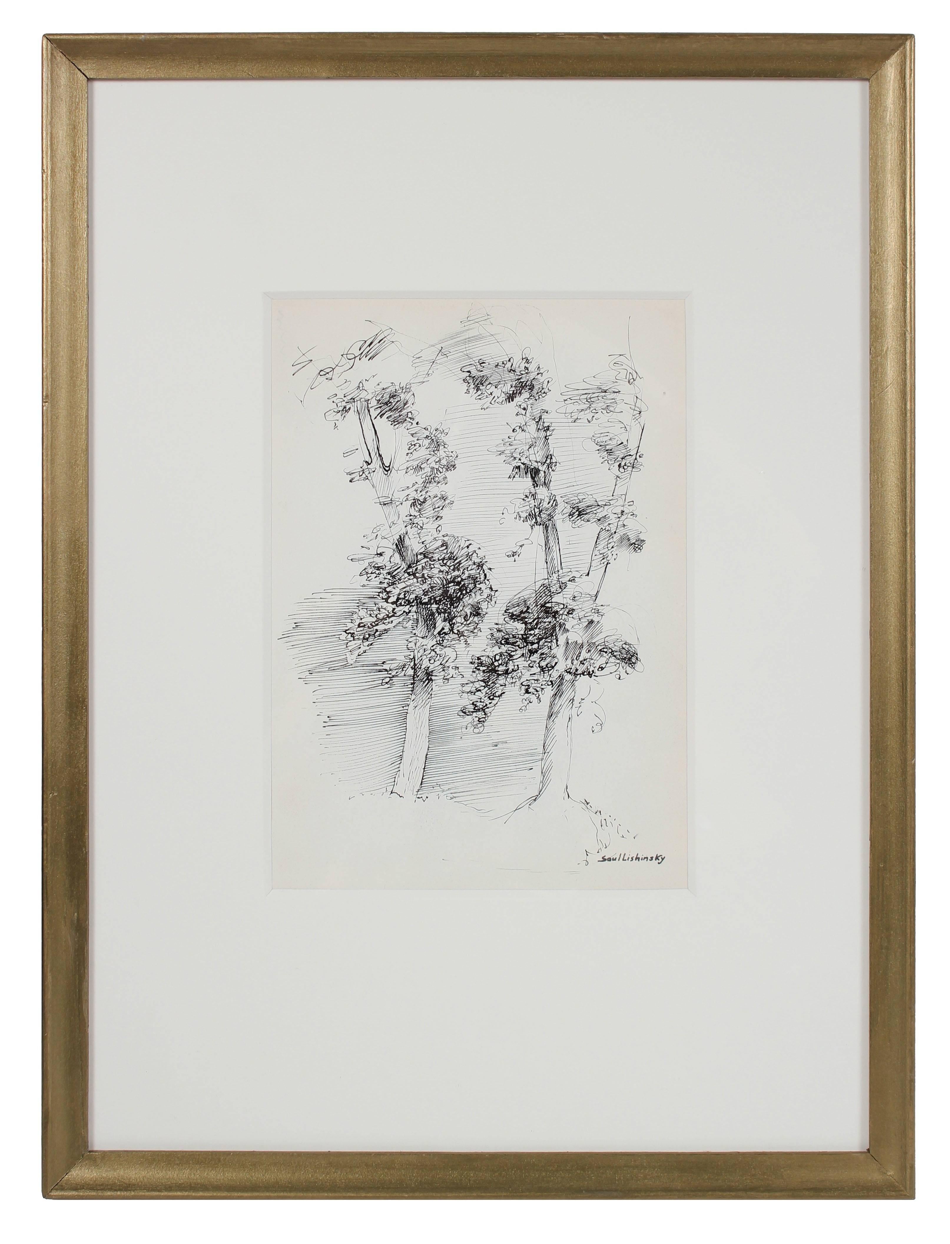 Saul Lishinsky Landscape Art - Trees in Black Ink, Mid 20th Century Drawing