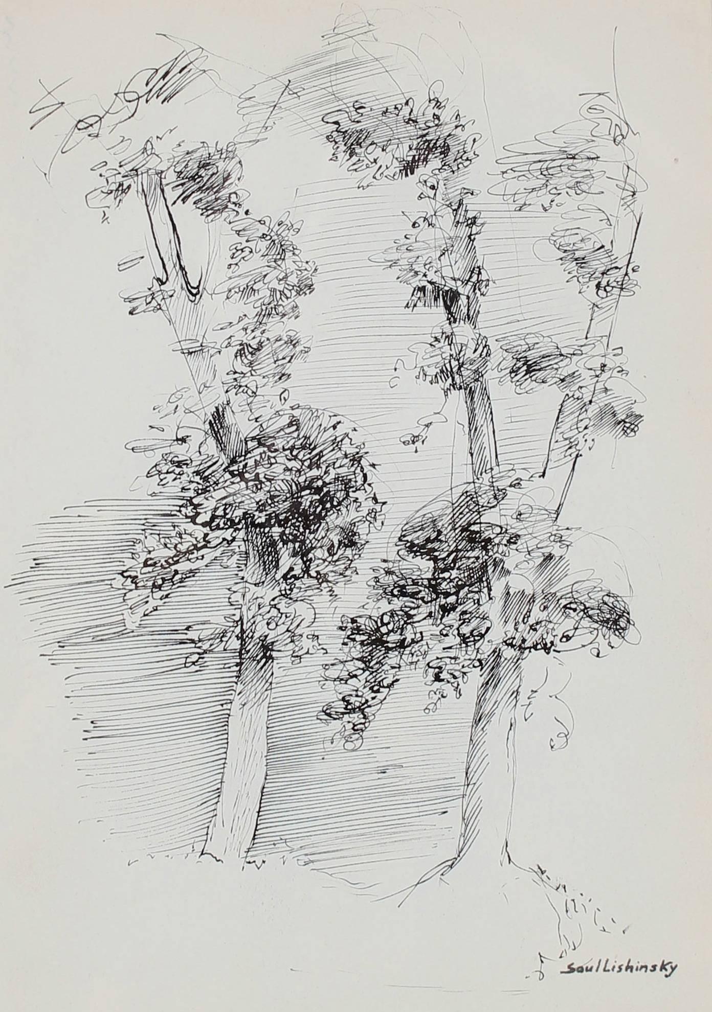 Trees in Black Ink, Mid 20th Century Drawing - Art by Saul Lishinsky