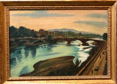 Large Modernist Oil Painting Bridge over the Water Landscape