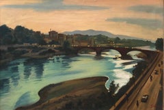 Grande peinture à l'huile moderniste d'un paysage au-dessus d'un pont