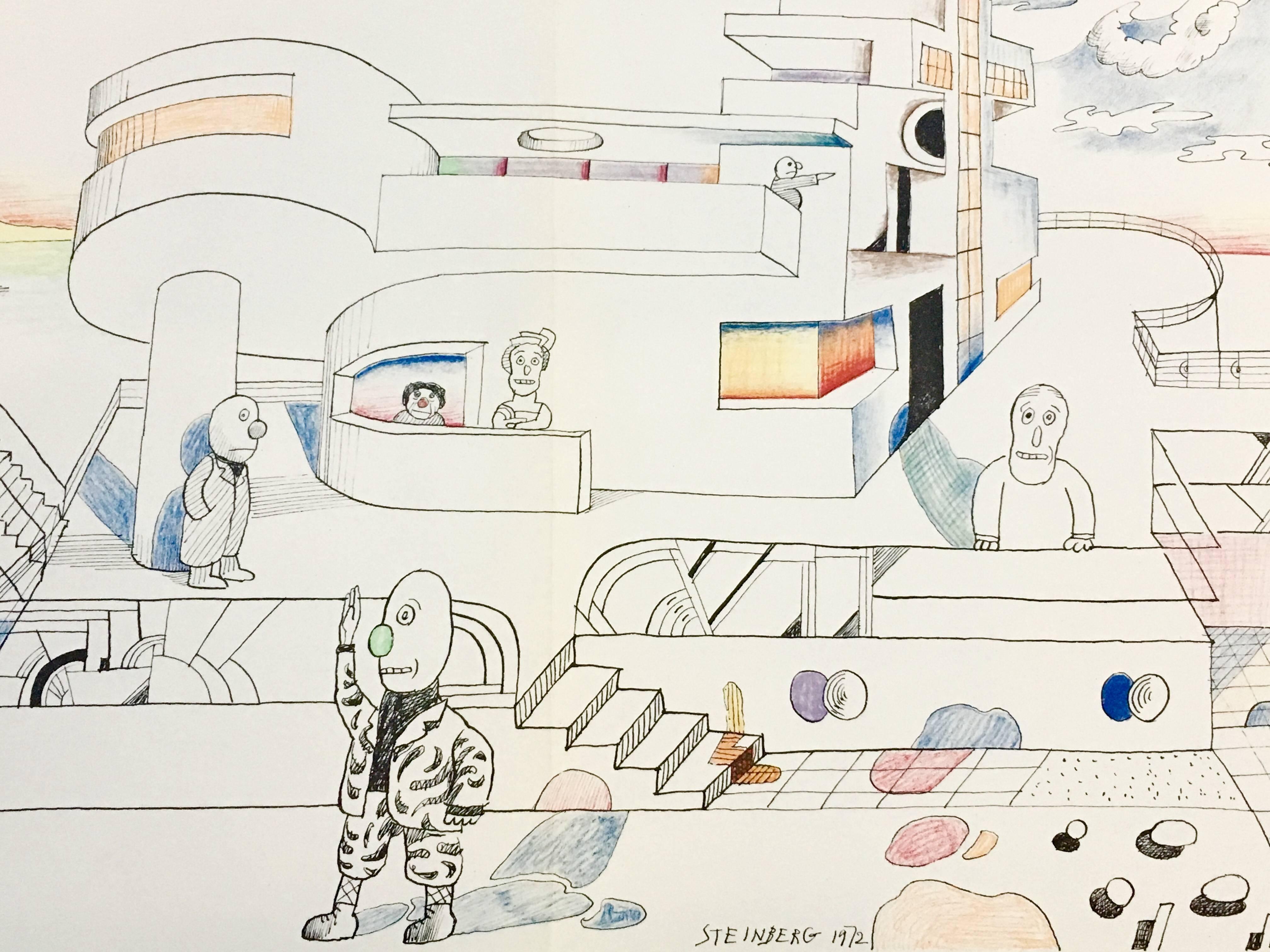 A striking Steinberg color work with surrealist-like overtones; published by Derriere Le Miroir, 1973. 

Off-set lithograph, 1973
Measures: 22 x 15 inches
Fold-line in center as issued; very good to excellent condition 

Saul Steinberg