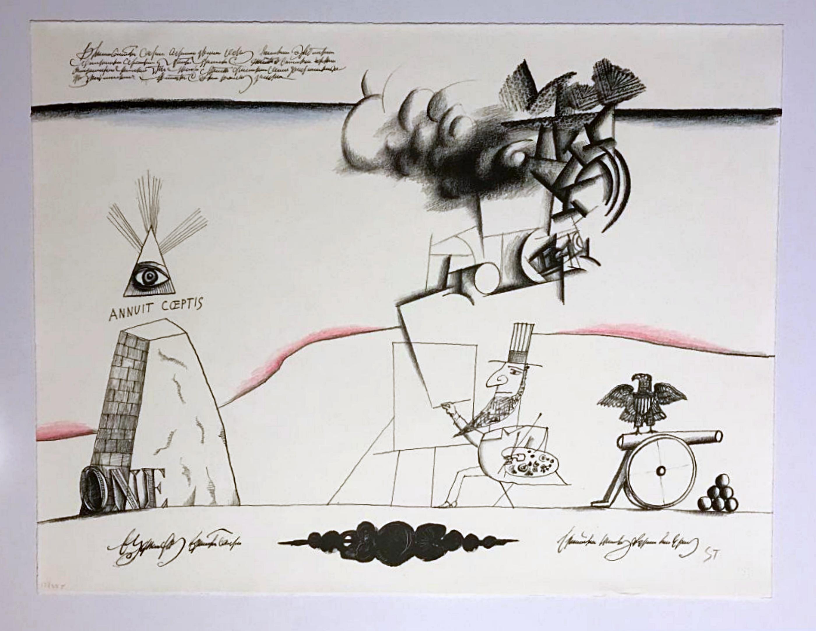 Saul Steinberg Figurative Print - Annuit Coeptis (mid century modern with Abraham Lincoln)