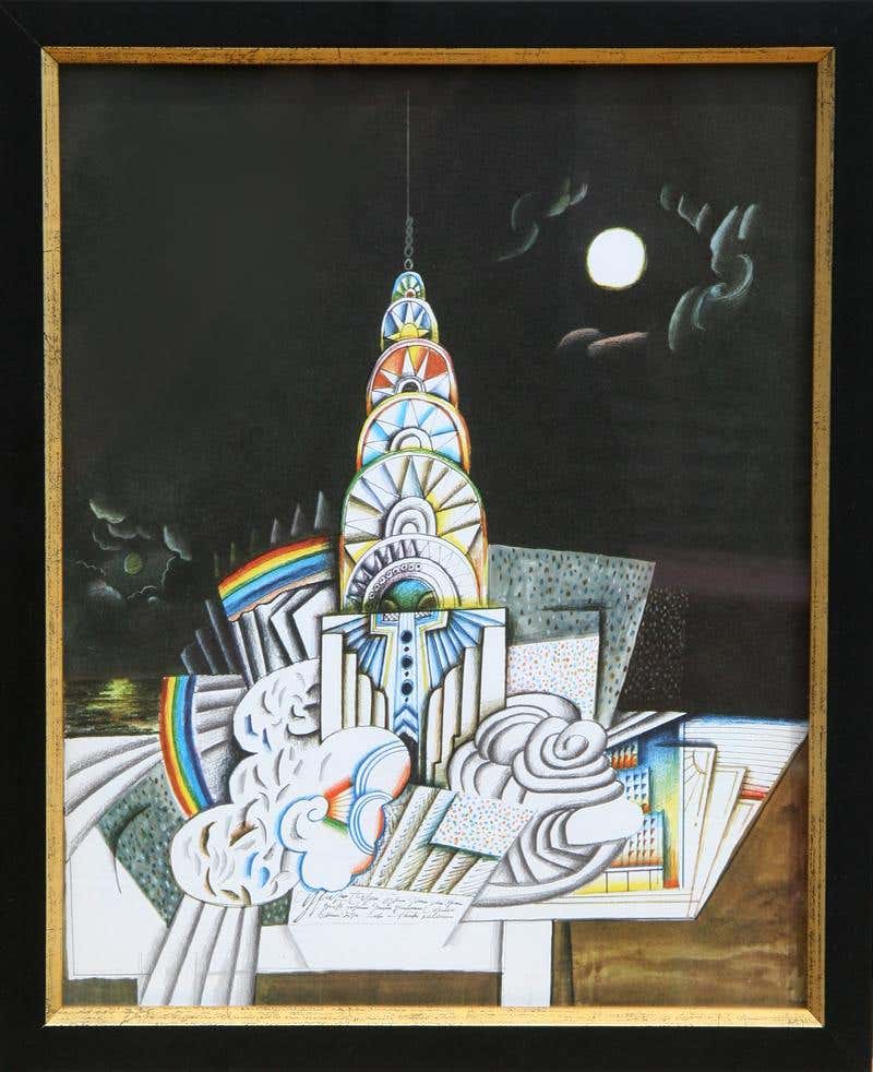 Chrysler Building (Night), Framed Modern Lithograph by Saul Steinberg