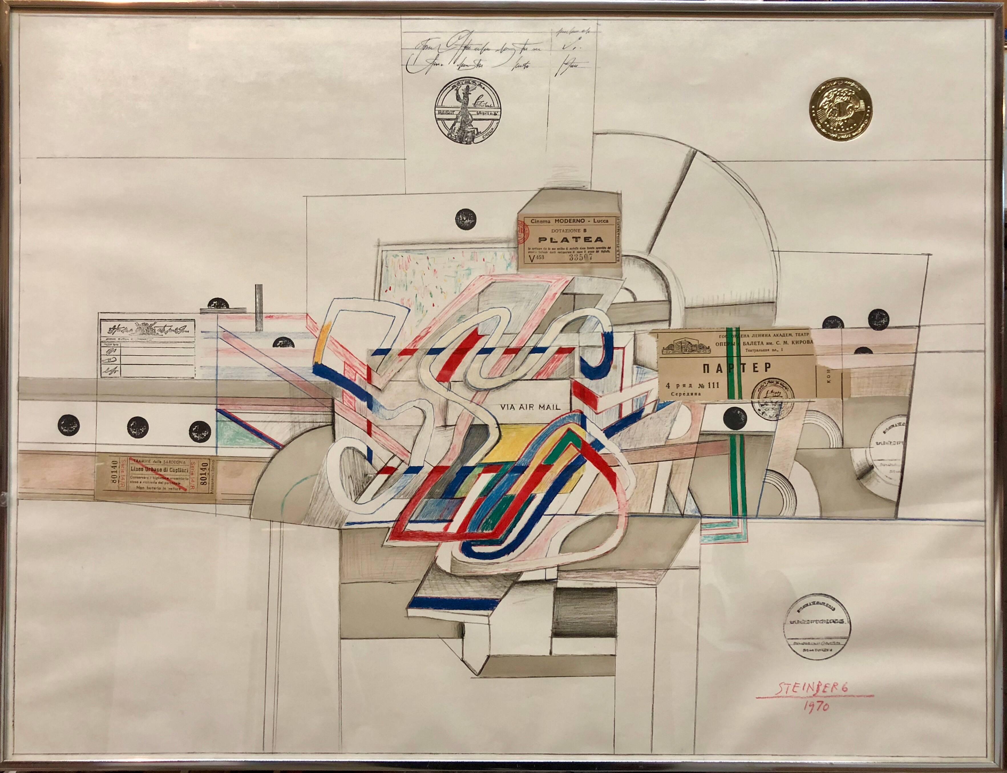 Lithograph with Gold Foil Seal Via Air Mail New Yorker Cartoonist - Print by Saul Steinberg