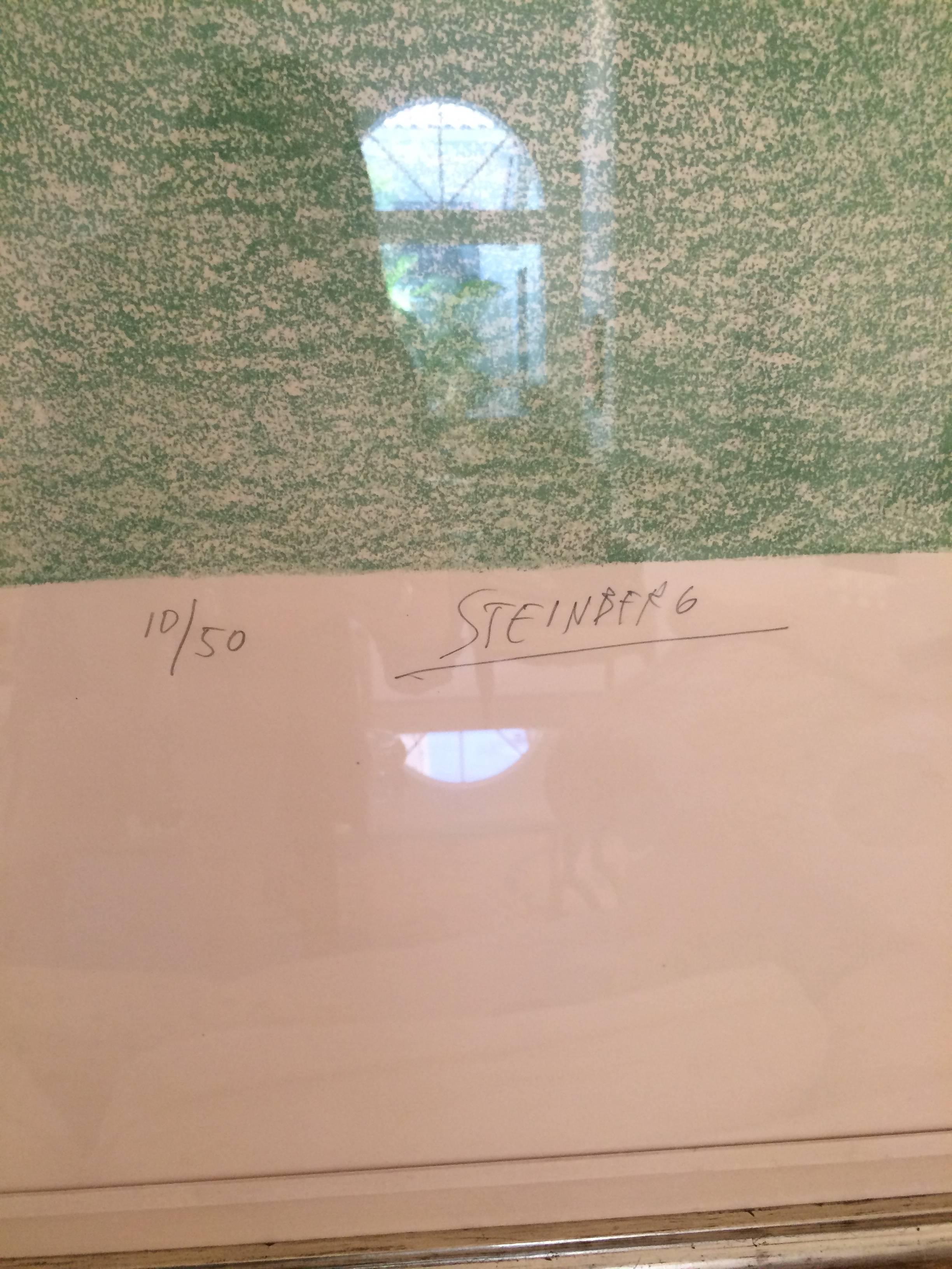 Stehender Mann Große Farblithographie (Grau), Landscape Print, von Saul Steinberg