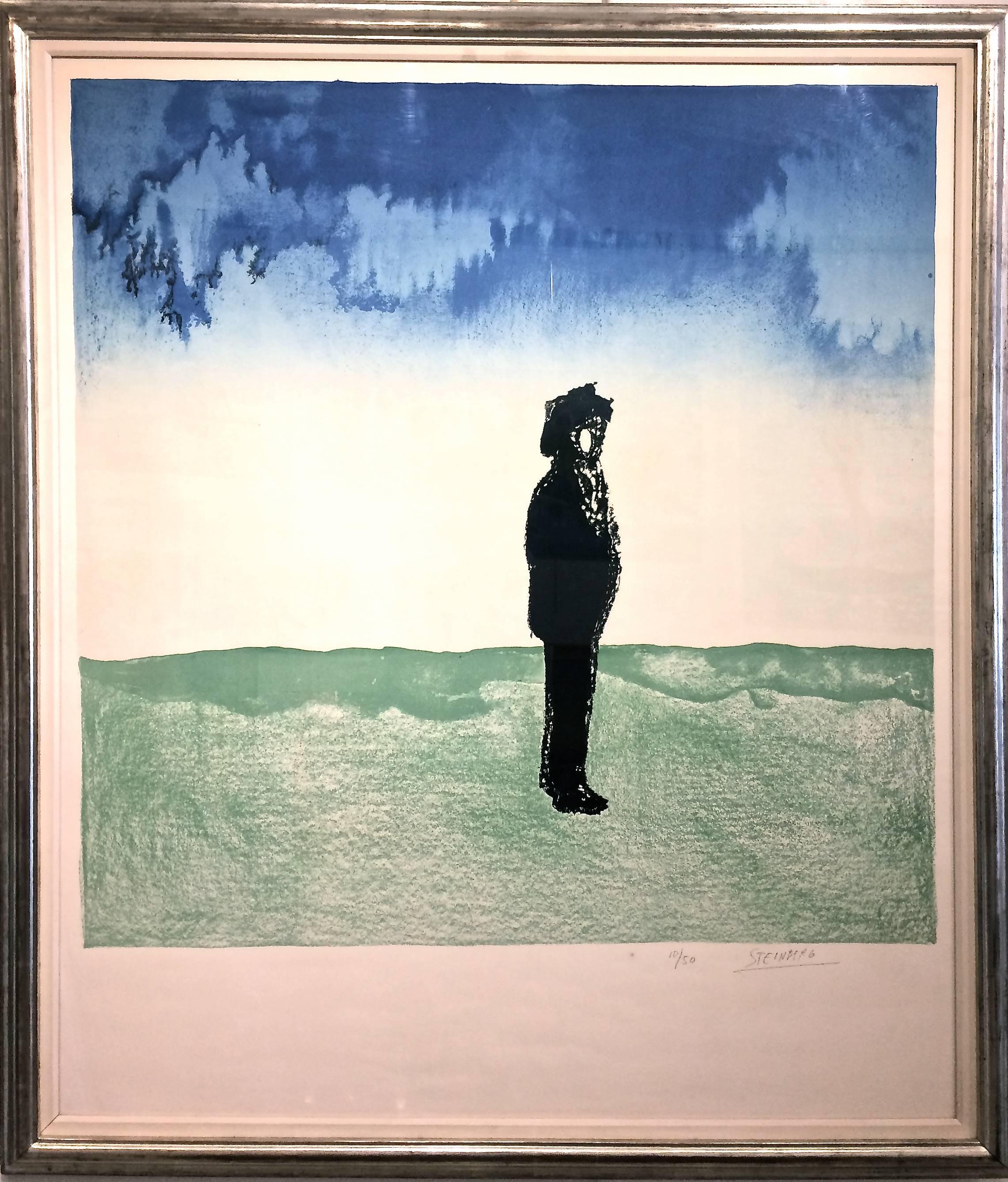 Saul Steinberg Landscape Print -  Standing Man Large Color Lithograph 