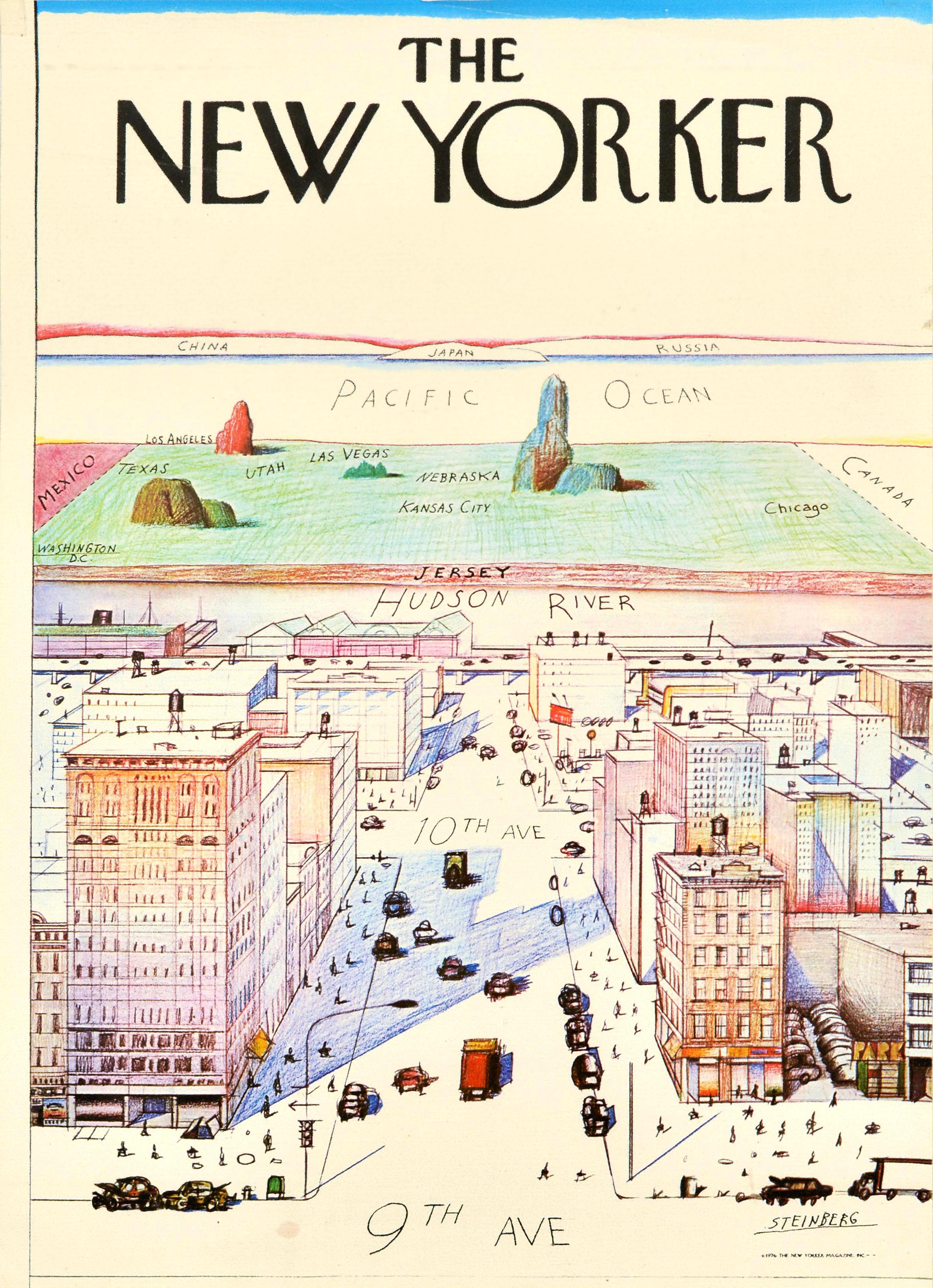 Original vintage poster - The New Yorker - featuring the iconic View of the World from 9th Avenue magazine cover by the notable American artist Saul Steinberg (Saul Erik Steinberg; 1914-1999) featuring a fun architectural map illustration of