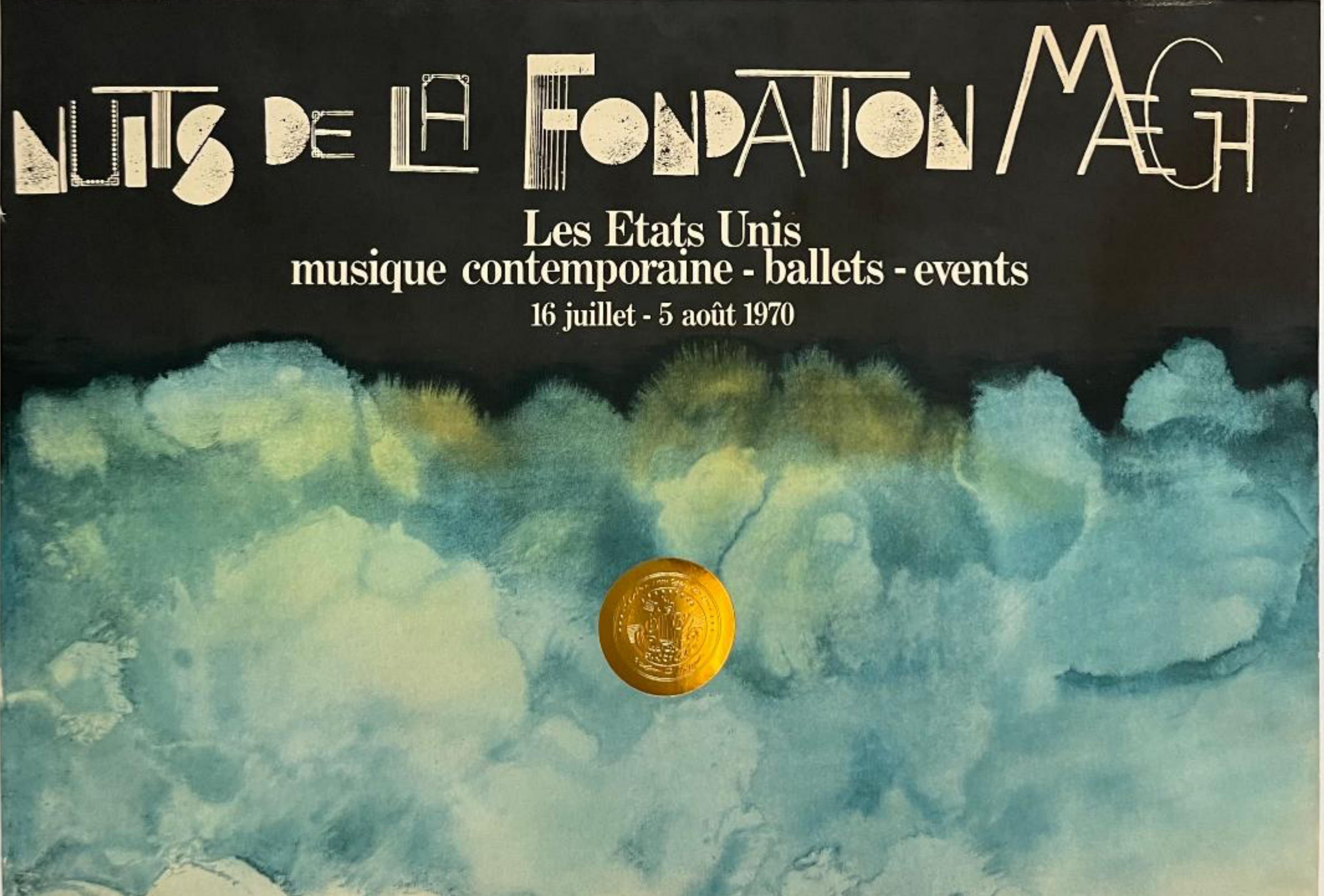 Rare 1970 poster with gold stamp: Nuits de La Fondation Maeght music festival - Print by Saul Steinberg