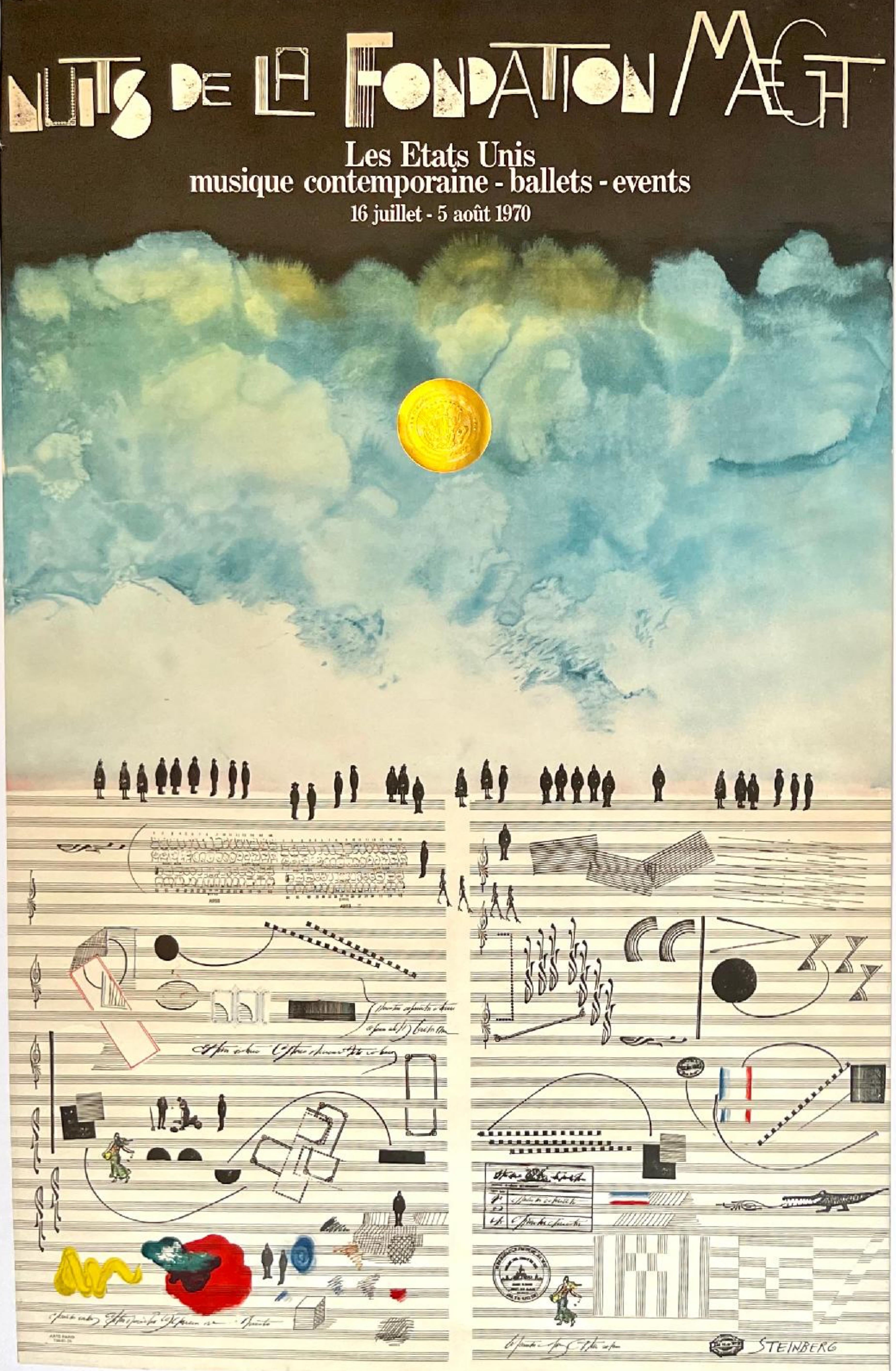 Rare 1970 poster with gold stamp: Nuits de La Fondation Maeght music festival - Abstract Print by Saul Steinberg