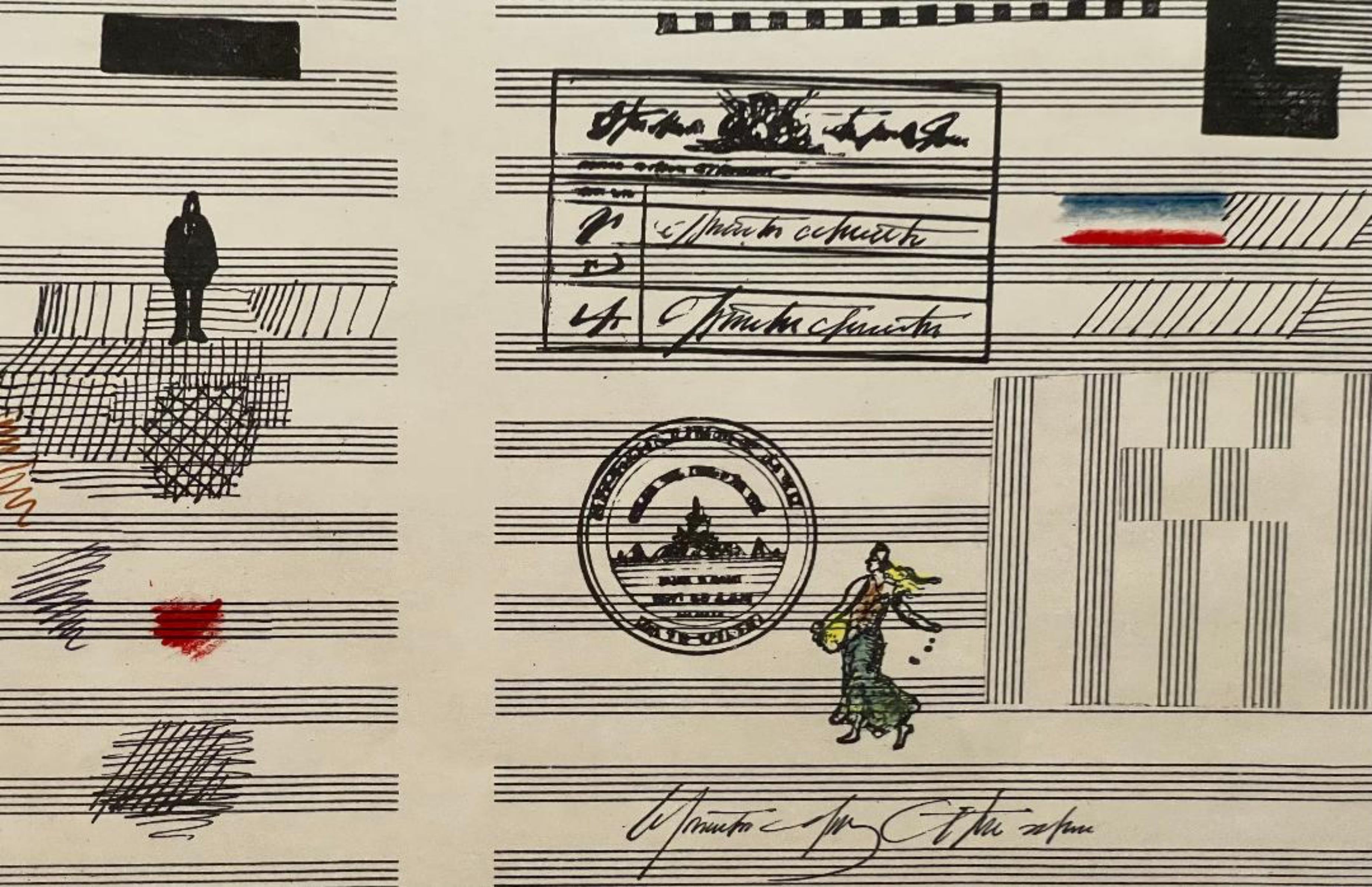 Saul Steinberg
Nuits de La Fondation Maeght, 1970
Silkscreen Poster
Published by Maeght and Arte Paris
Signed on the plate with elegant gold stamp in the middle
35 × 23 in  88.9 × 58.4 cm
This is an excellent vintage poster designed by American