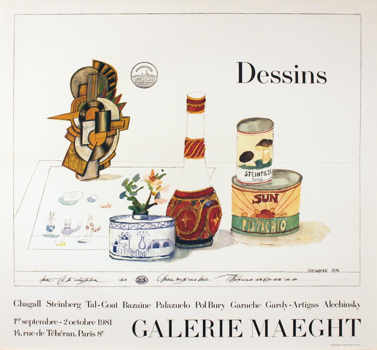 First printing exhibition poster by Saul Steinberg titled Dessins (Drawings) from a show held in 1981 at Galerie Maeght in Paris. 
