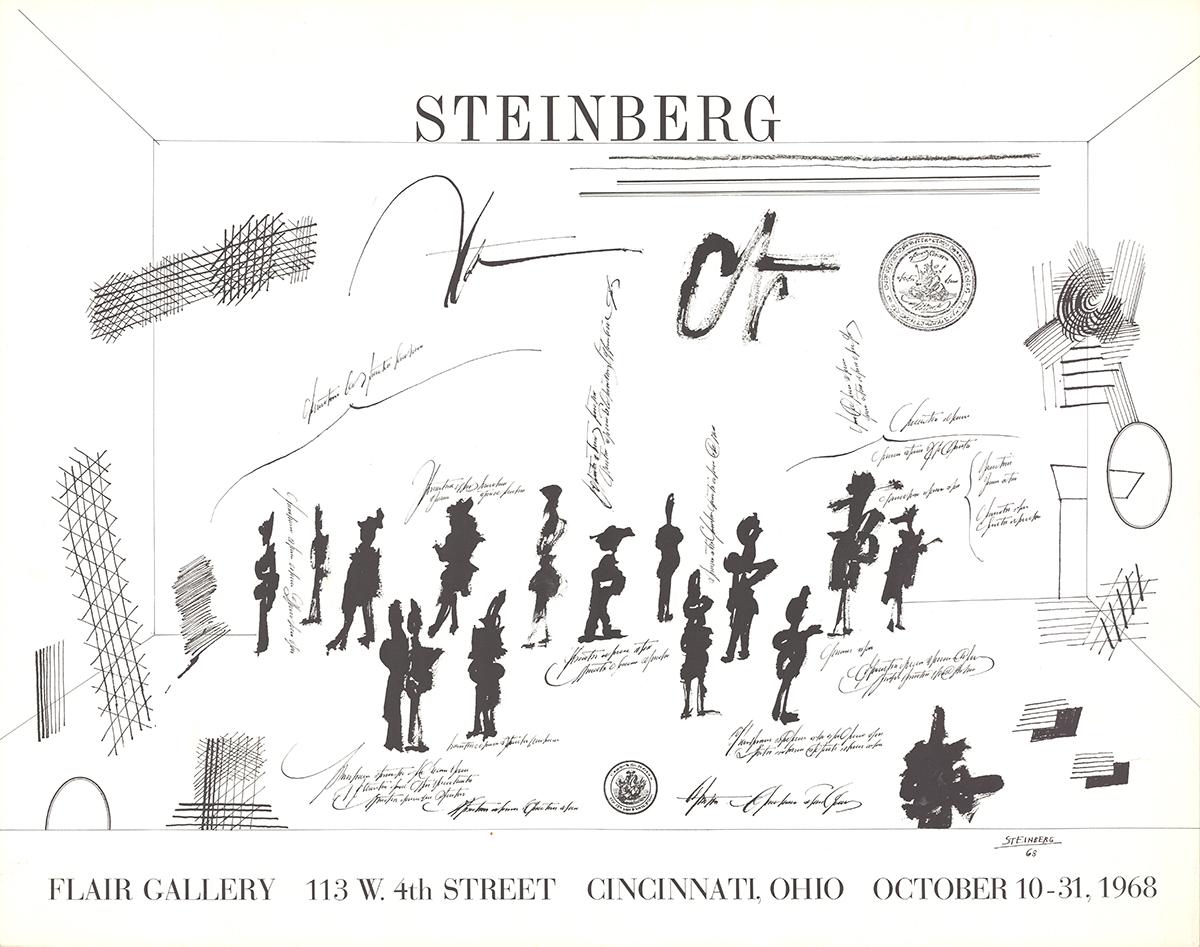 First edition 1968 exhibition poster designed and created by Saul Steinberg, published by Flair Gallery in Cincinnati, Ohio.
