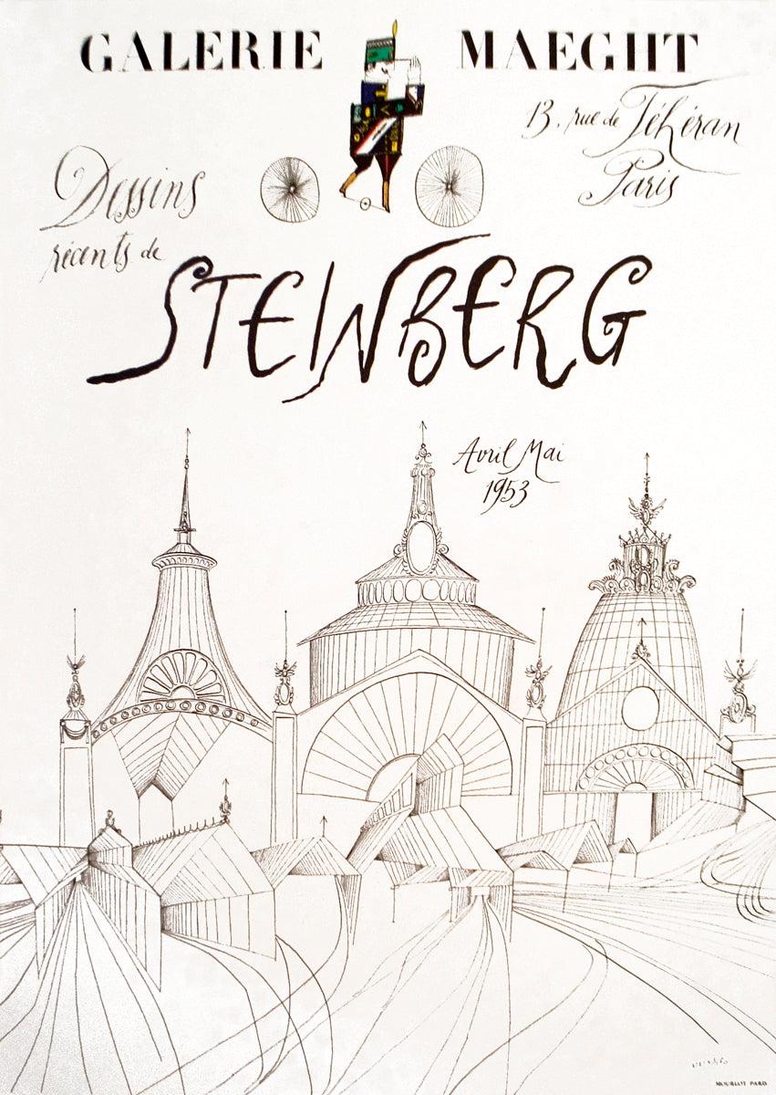 Cette reprise de l'affiche de 1953 de Saul Steinberg, intitulée Dessins Récents, a été présentée à la Galerie Maeght, située au 13 rue Téheran à Paris. L'affiche, créée à l'origine pour présenter les dessins récents de Steinberg, présente son
