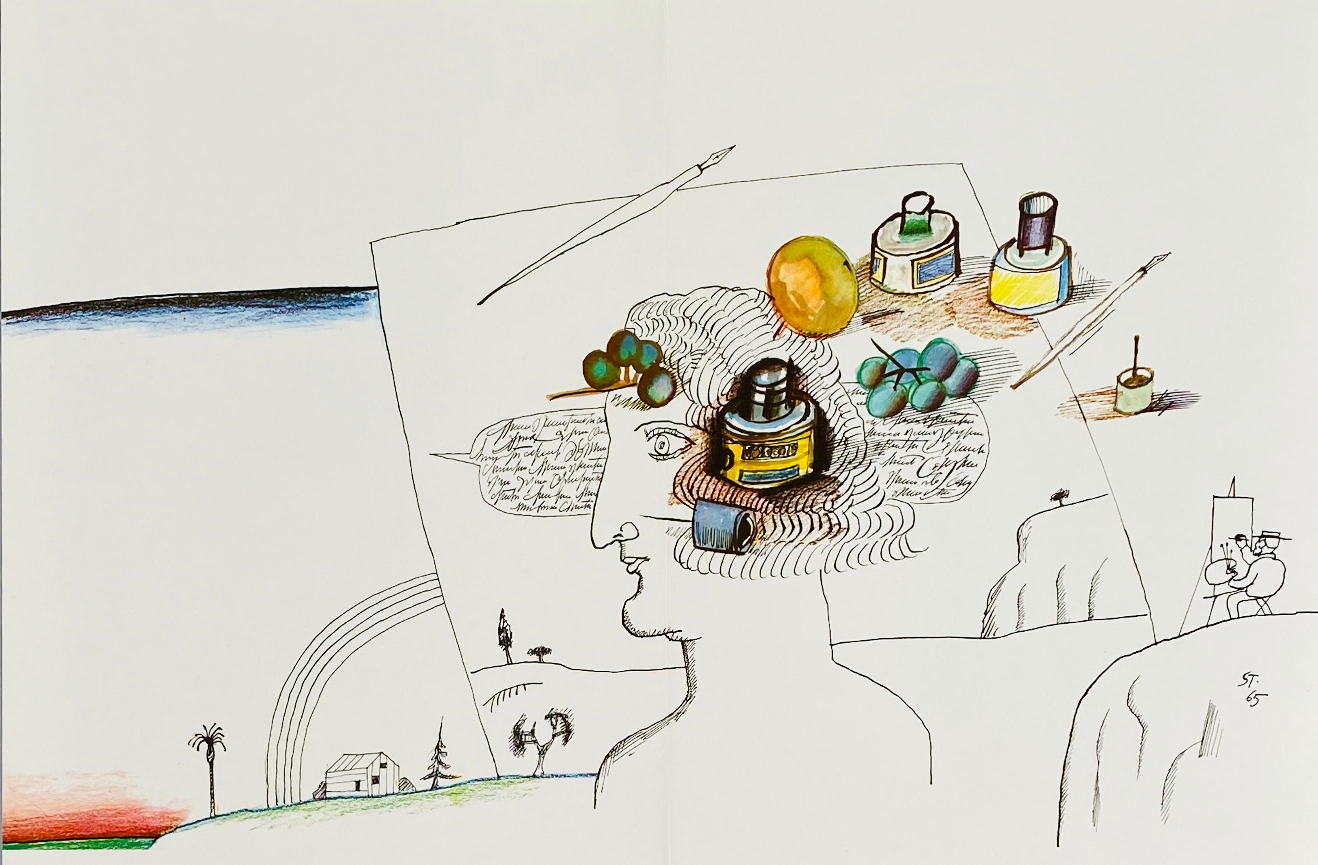 Saul Steinberg Lithograph c. 1970 from Derrière le miroir:  

Lithograph in colors; 15 x 22 inches.   Very good overall vintage condition; center gold-line as originally issued.   

Unsigned from an edition of unknown. 

From: Derrière le miroir