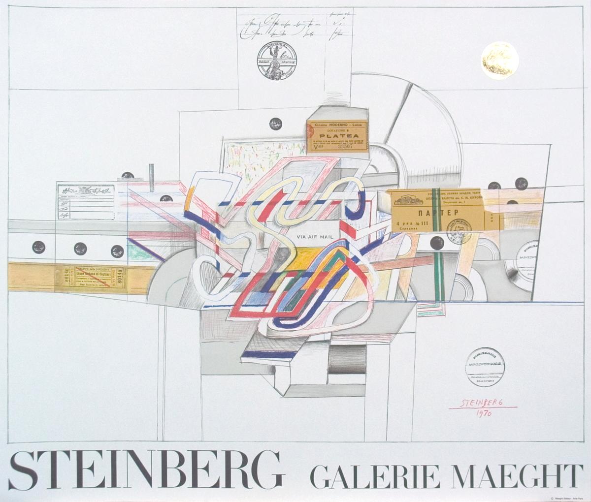 First edition lithograph by Steinberg for an exhibition held at Galerie Maeght in 1977. Limited edition, unsigned and not numbered, never framed. 
