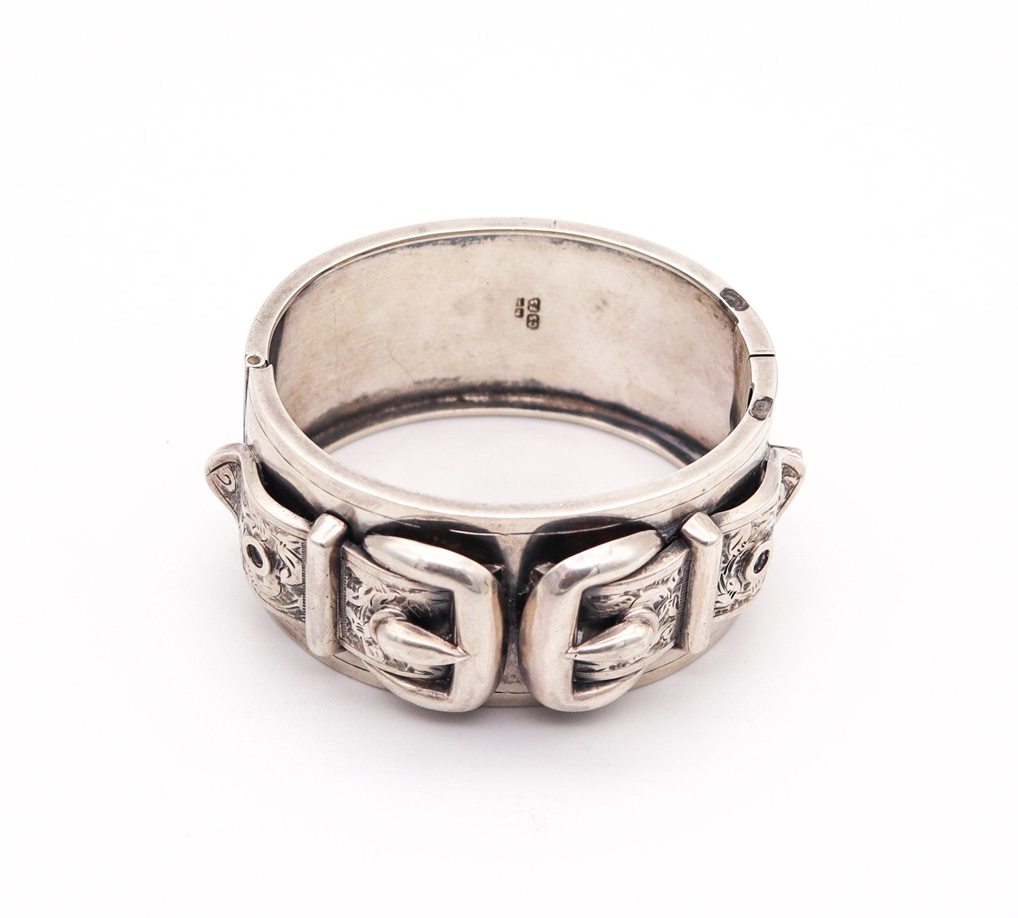 SAUNDERS & SHEPERD 1883 Birmingham Victorian Buckles Bangle In .925 Sterling In Good Condition In Miami, FL