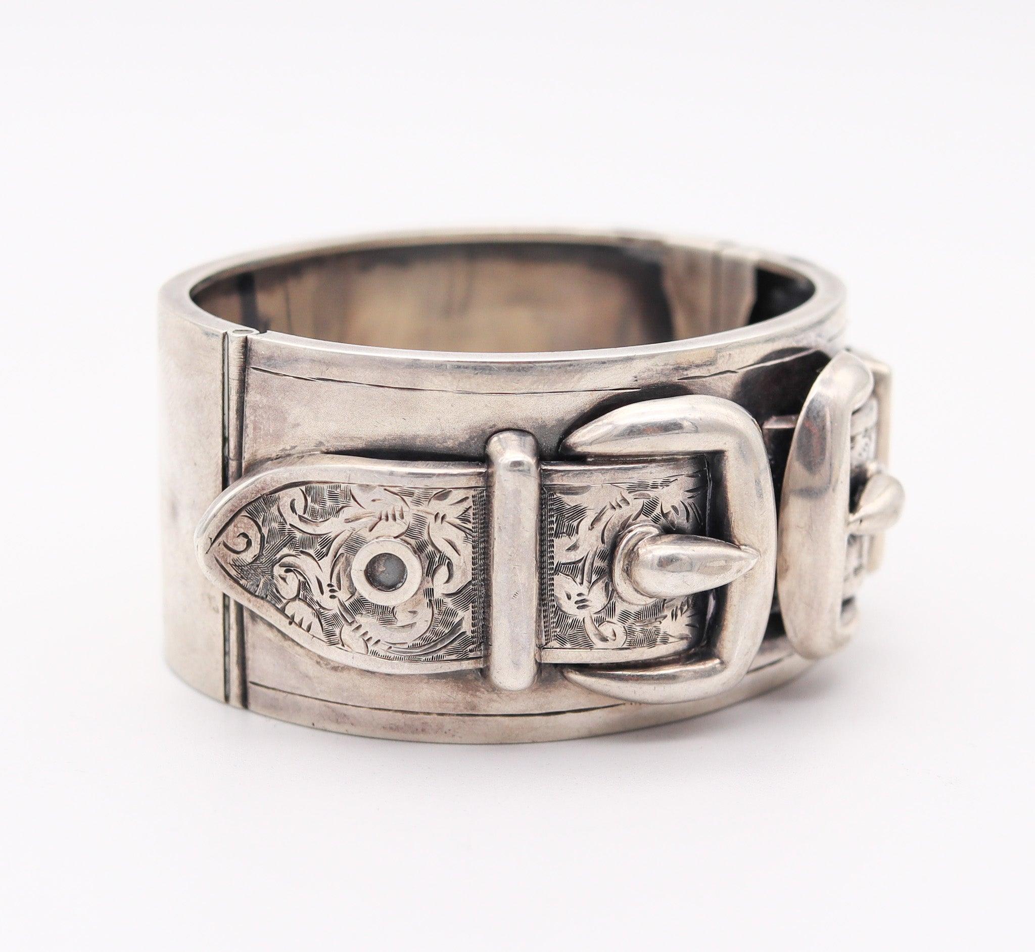 SAUNDERS & SHEPERD 1883 Birmingham Victorian Buckles Bangle In .925 Sterling 1
