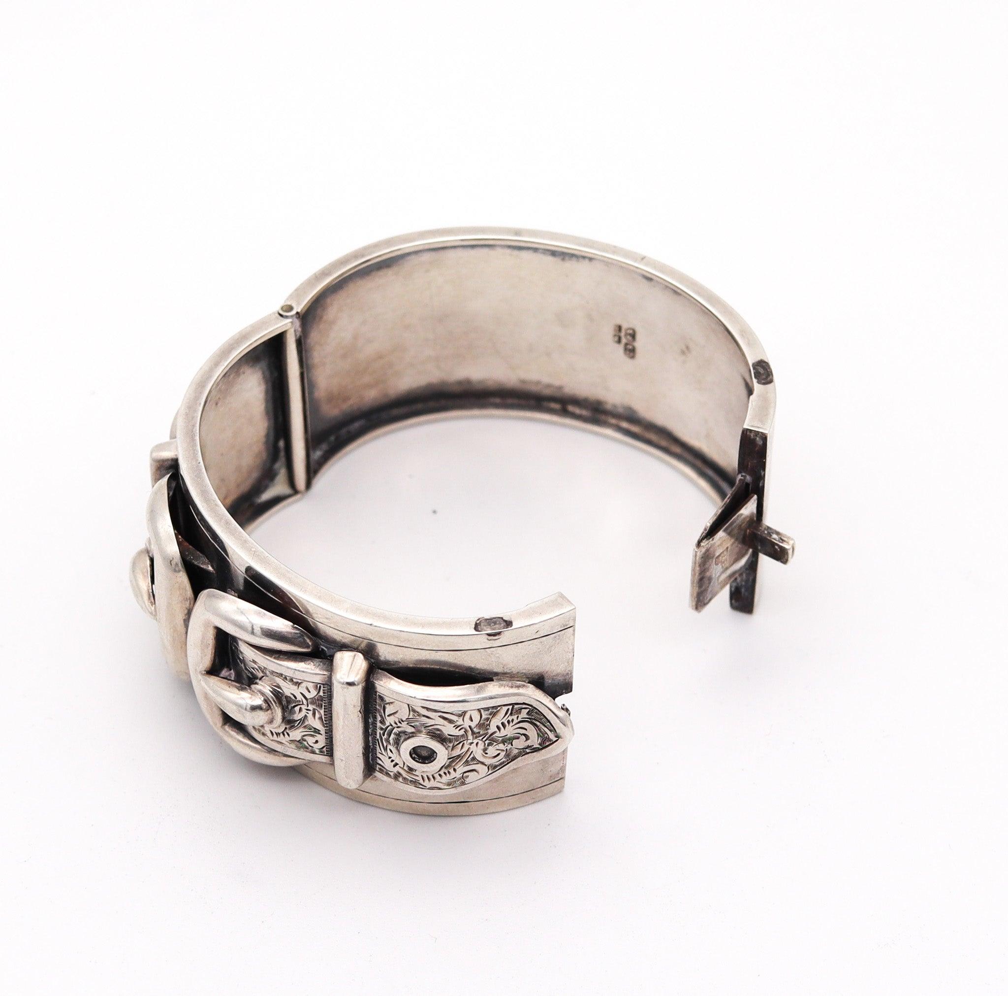 SAUNDERS & SHEPERD 1883 Birmingham Victorian Buckles Bangle In .925 Sterling 3