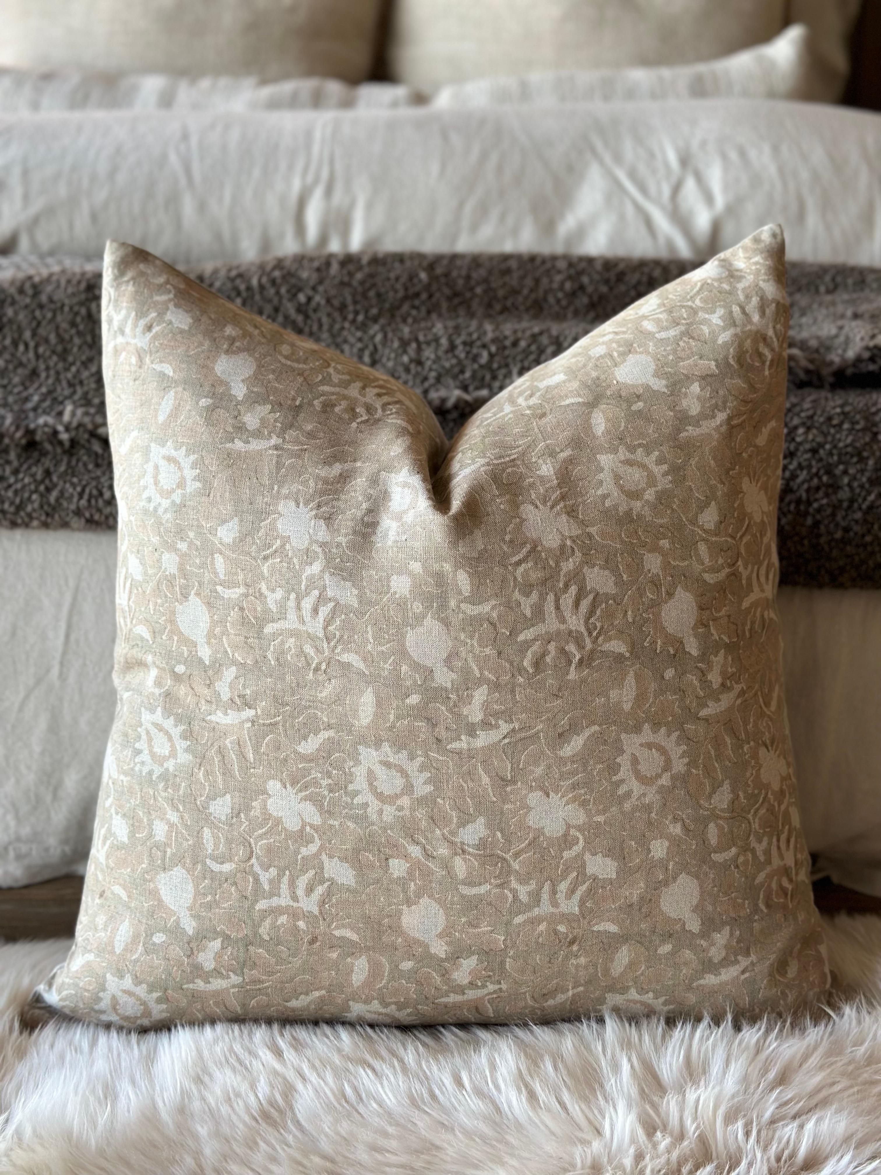 Sausalito Floral Block Printed Linen Pillow with Down Feather Insert In New Condition For Sale In Brea, CA