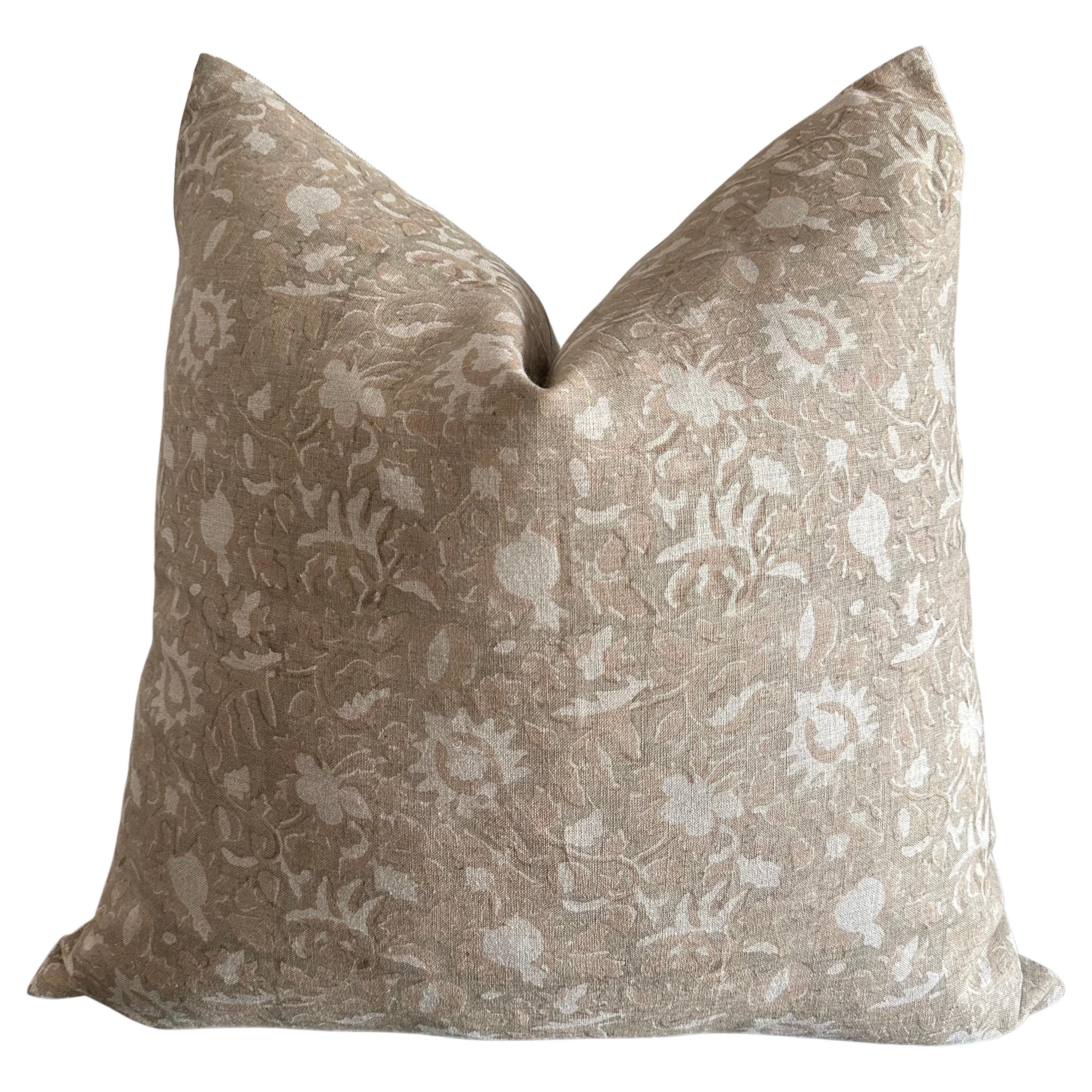 Sausalito Floral Block Printed Linen Pillow with Down Feather Insert For Sale