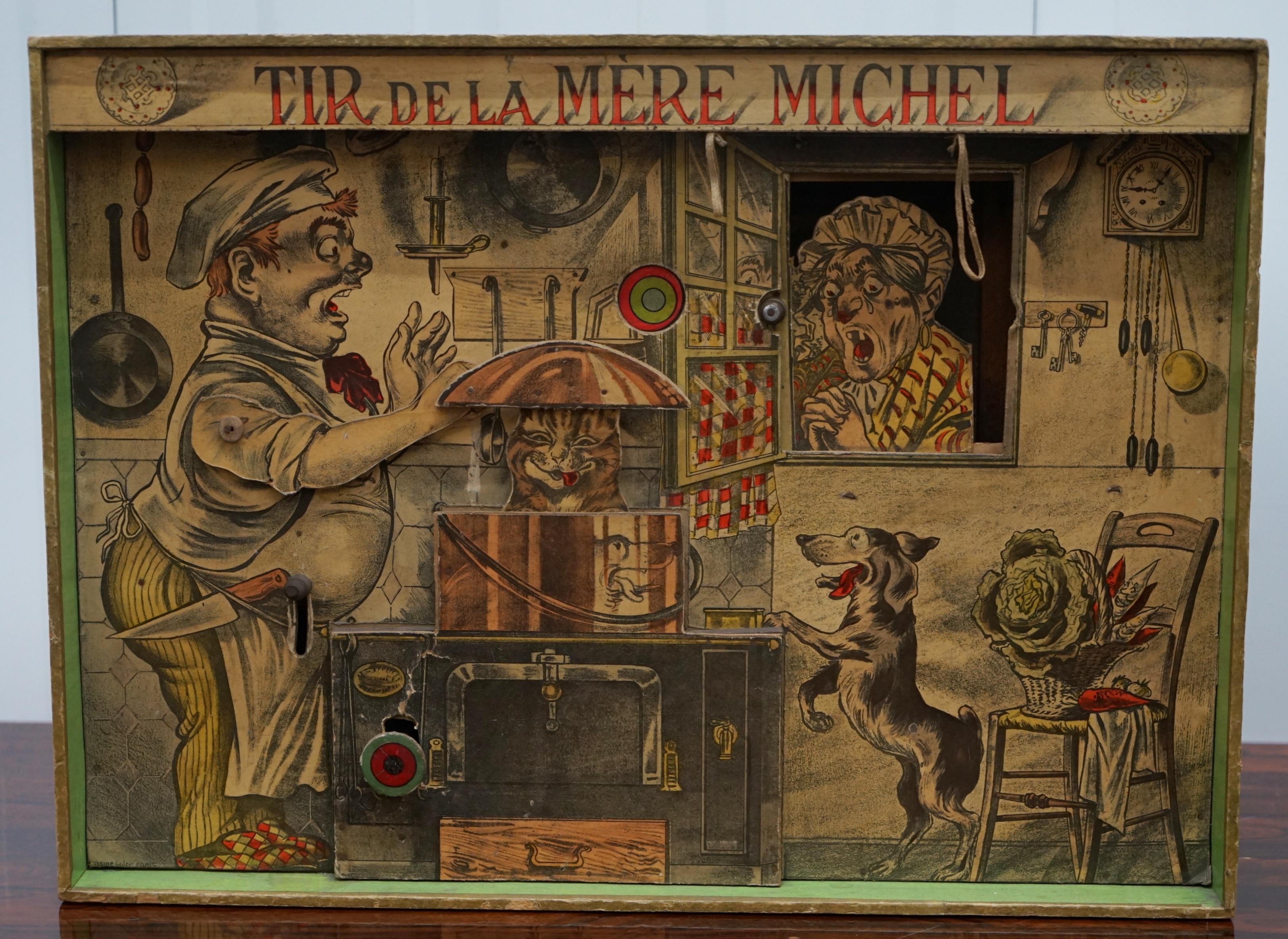 We are delighted to offer this stunning and very rare Tir De La Mere Michel (Shoot the brother of Michel) circa 1900 shooting game by Saussine France

A rare piece of antique French Folk Art in the form of a children’s shooting game

The game is