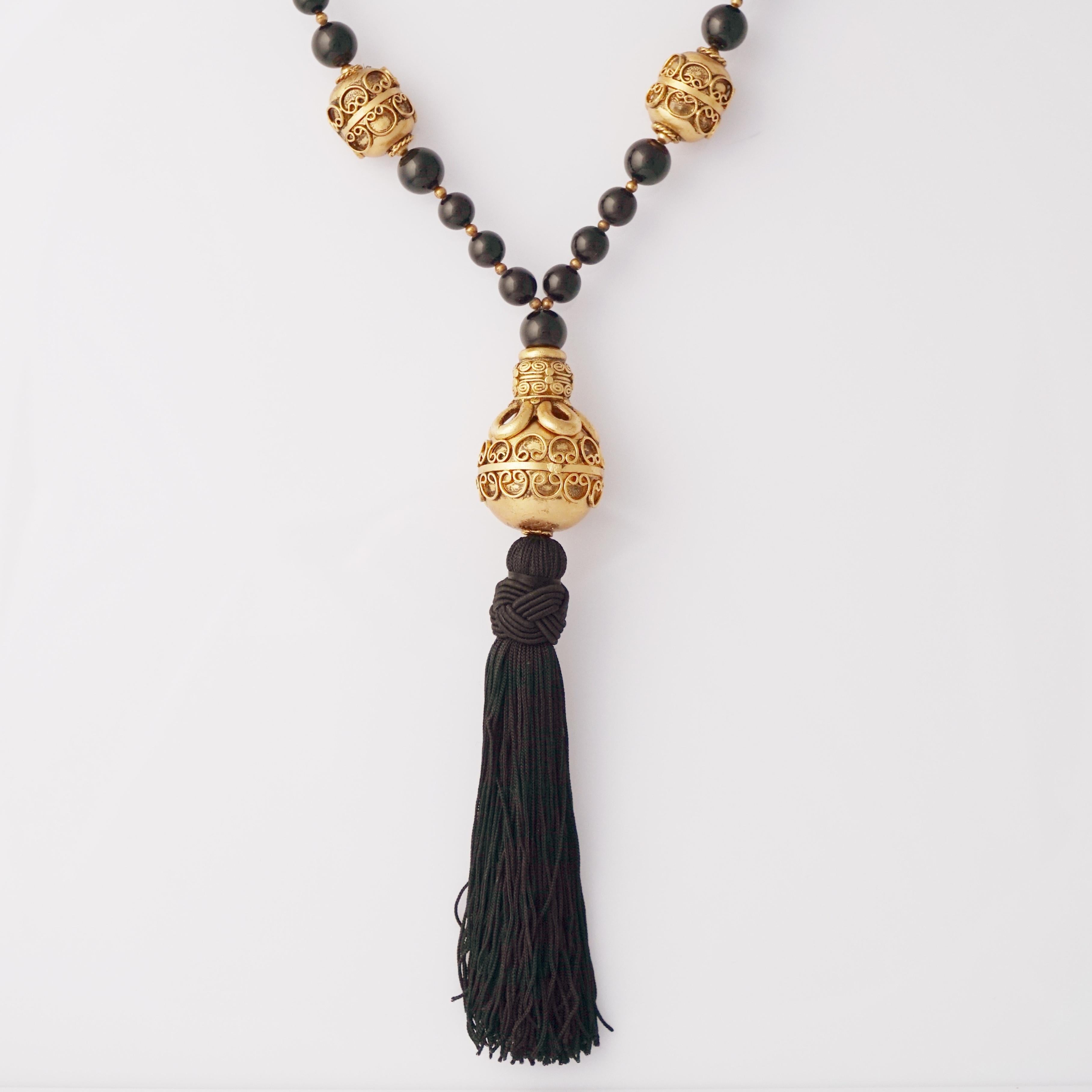 Modern Sautoir Beaded Statement Necklace With Gold Balls and Tassel, 1970s