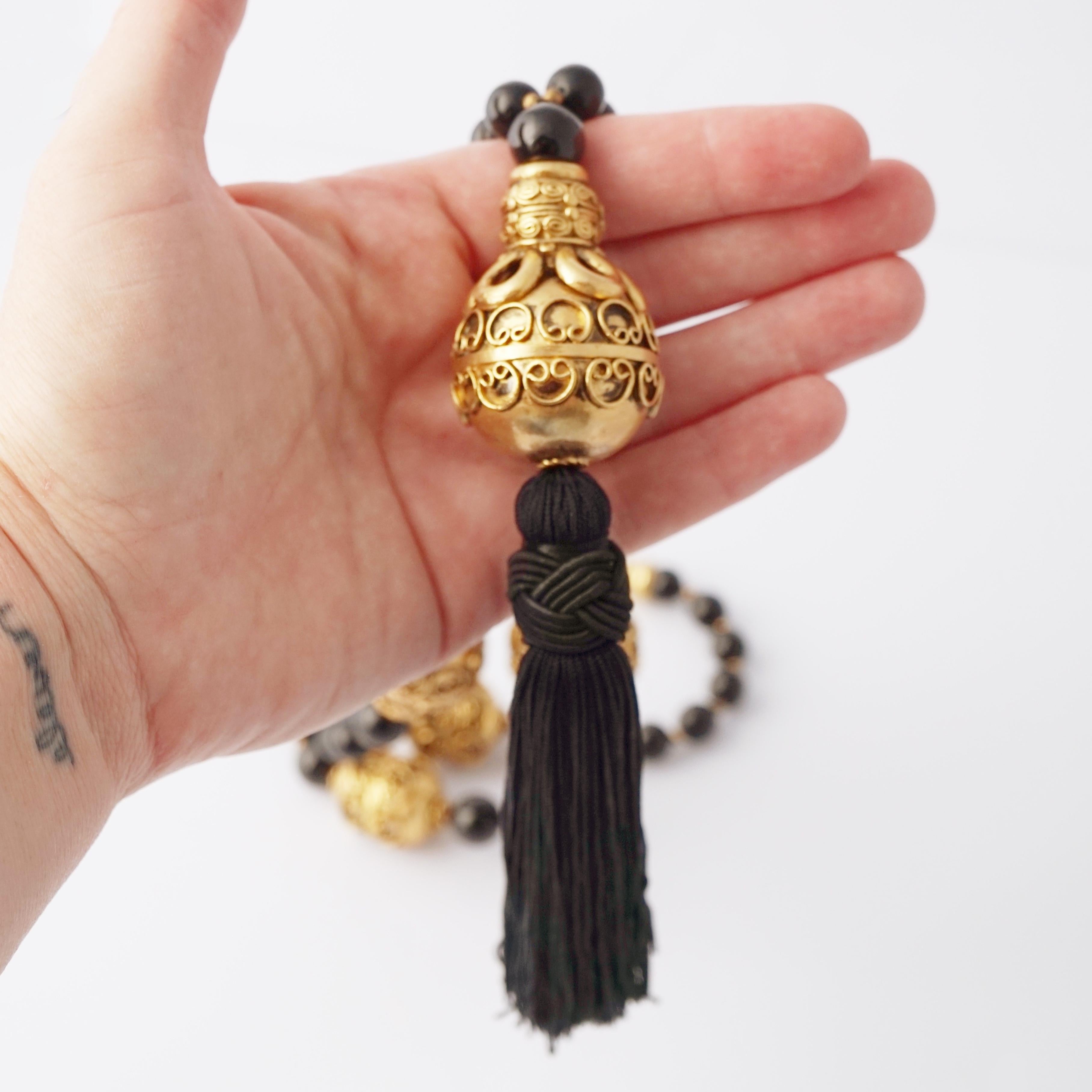 Sautoir Beaded Statement Necklace With Gold Balls and Tassel, 1970s 1