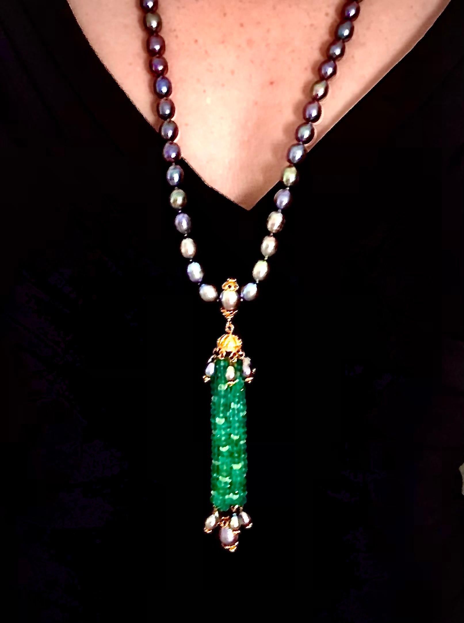 Bead Sautoir necklace w/ freshwater black pearls, emerald beads and rock crystals For Sale