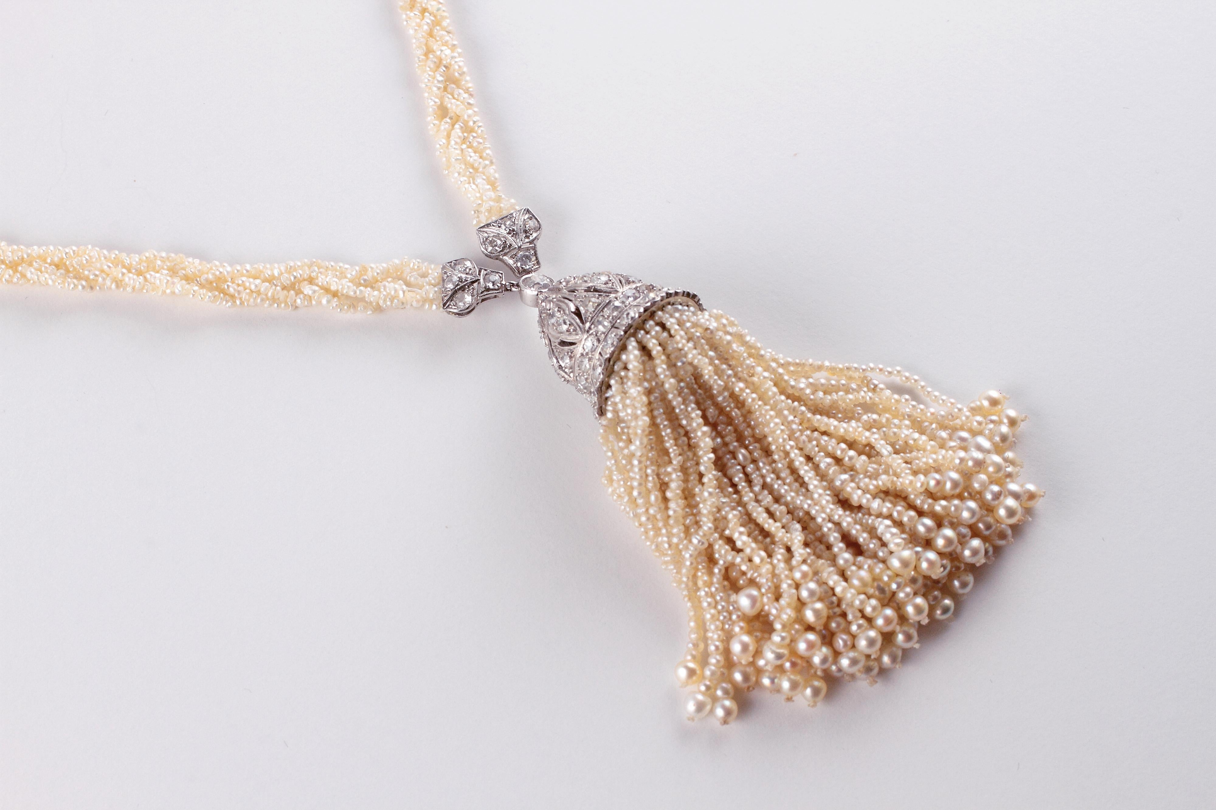 Sautoir di perle con cappuccio di diamanti di platino da 3,23 carati, 1900 circa in vendita 3