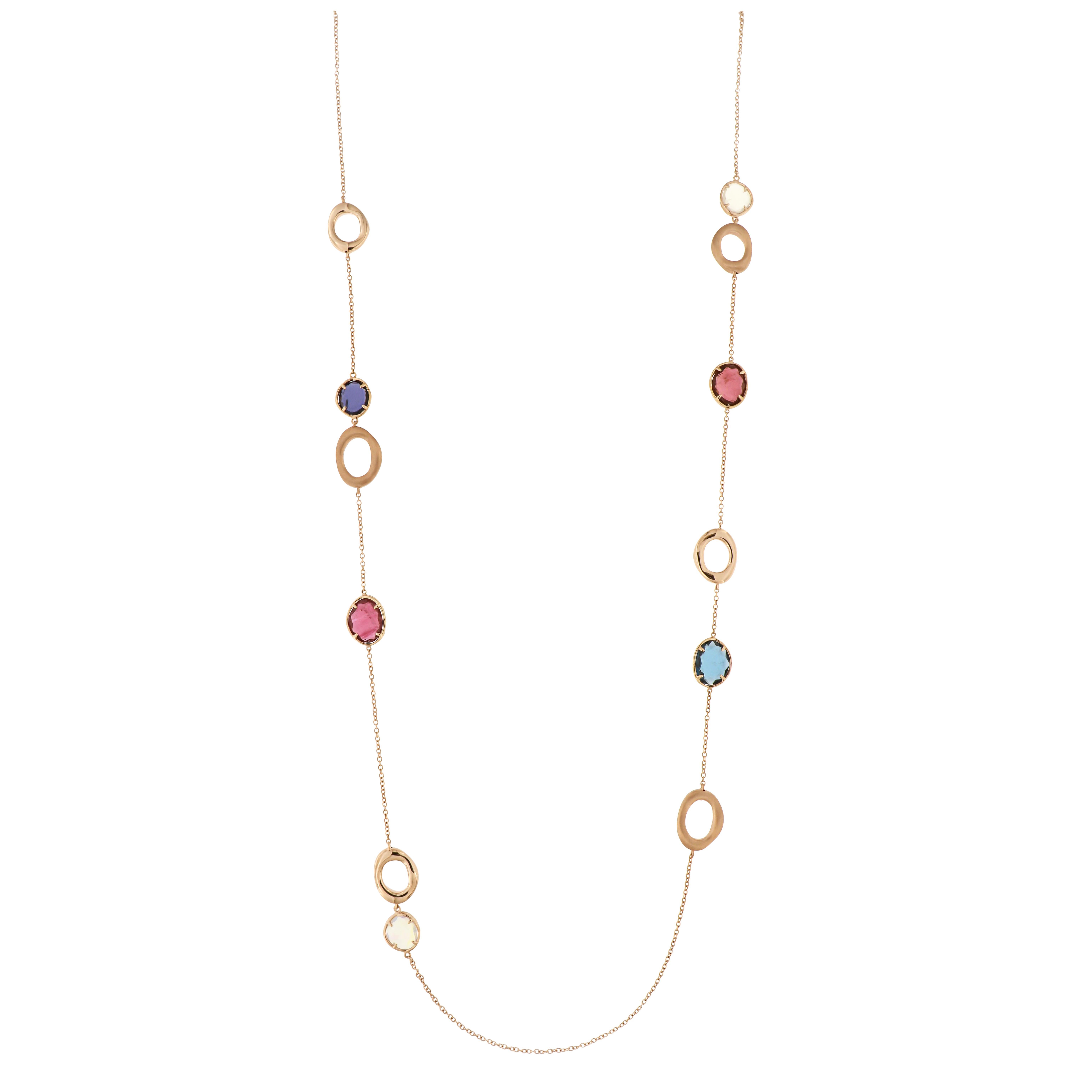 Sautoir Pink Tourmaline 18k London Blue Topaz Opal Rose Gold Necklace for Her In New Condition For Sale In Montreux, CH