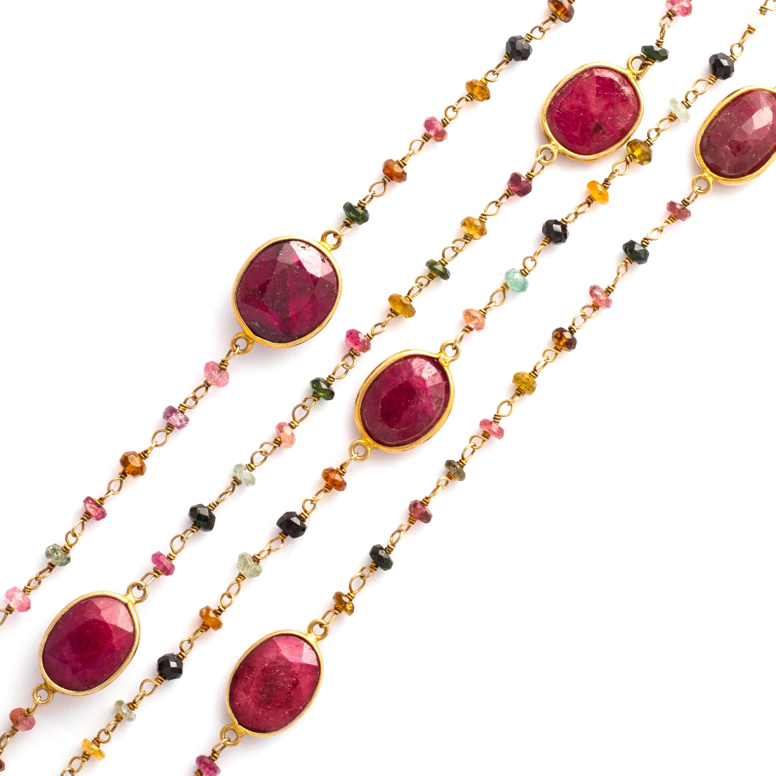 Anglo-Indian Sautoir Ruby and Precious Stones on Silver 925 Necklace For Sale
