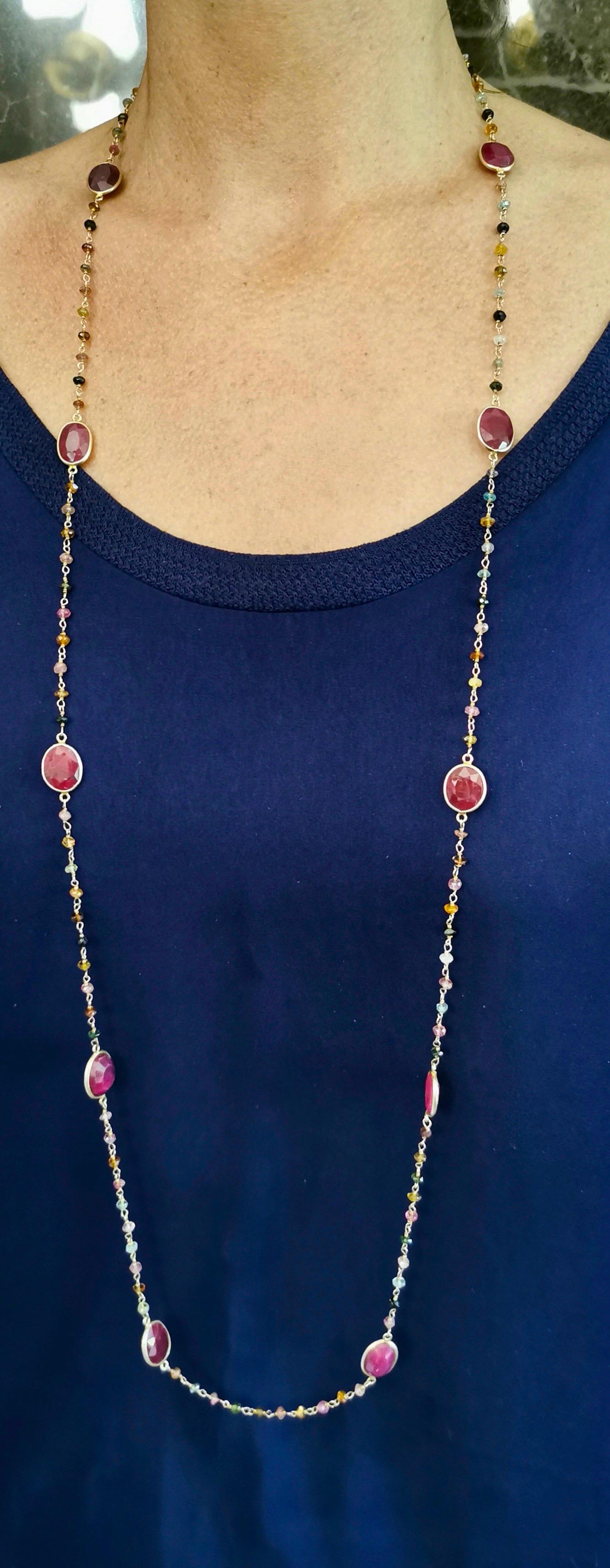 Sautoir Ruby and Precious Stones on Silver 925 Necklace For Sale 1
