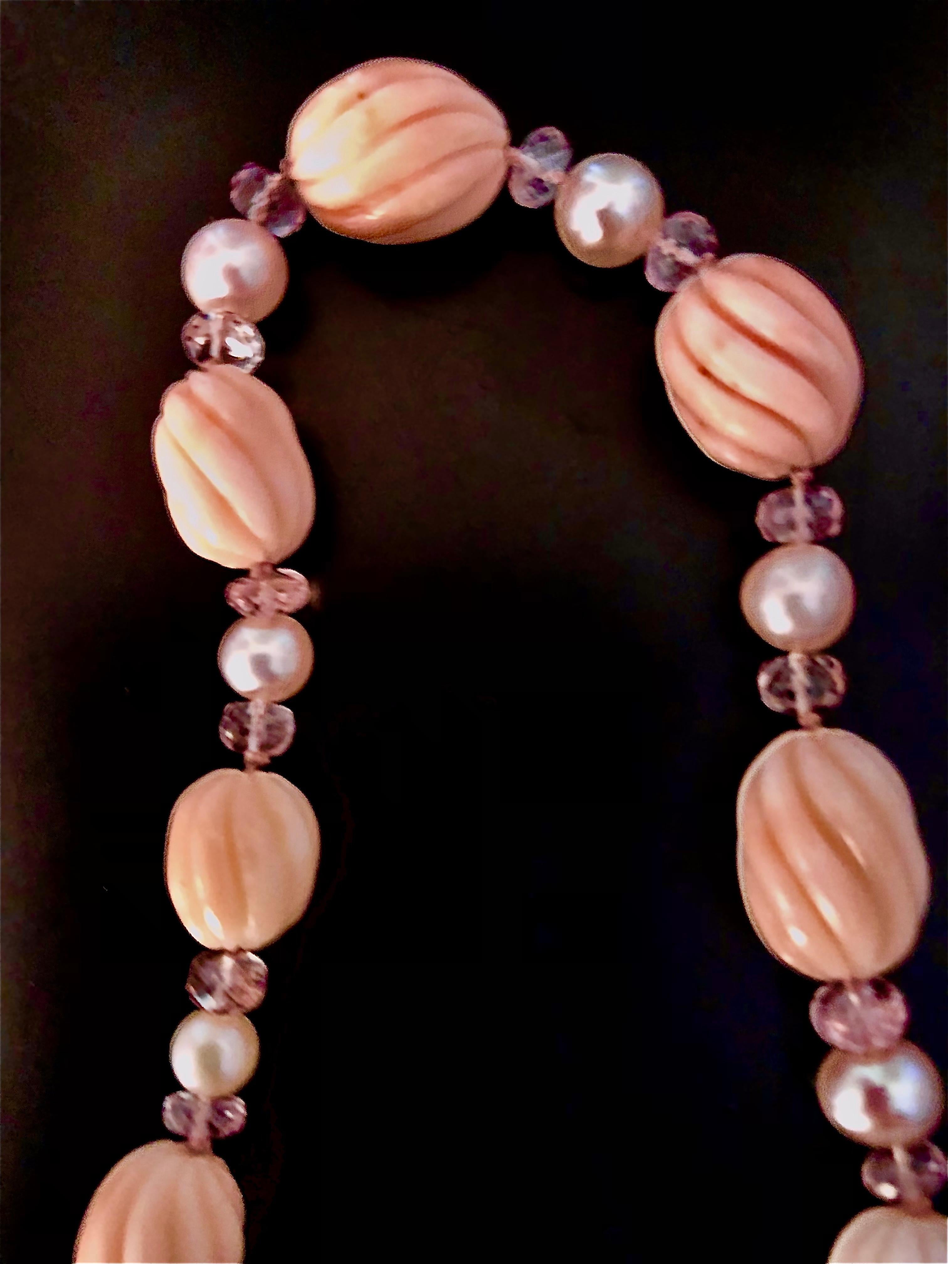 Art Deco Sautoir w/ pink coral, morganite rondelles and white gold ball clasp w/ diamonds For Sale