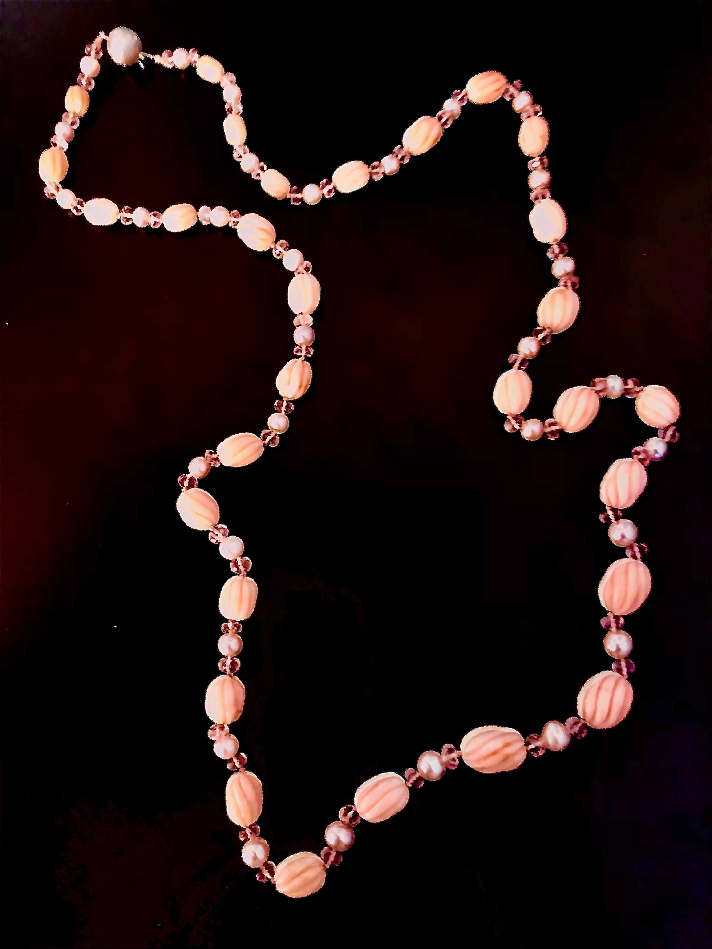 Bead Sautoir w/ pink coral, morganite rondelles and white gold ball clasp w/ diamonds For Sale
