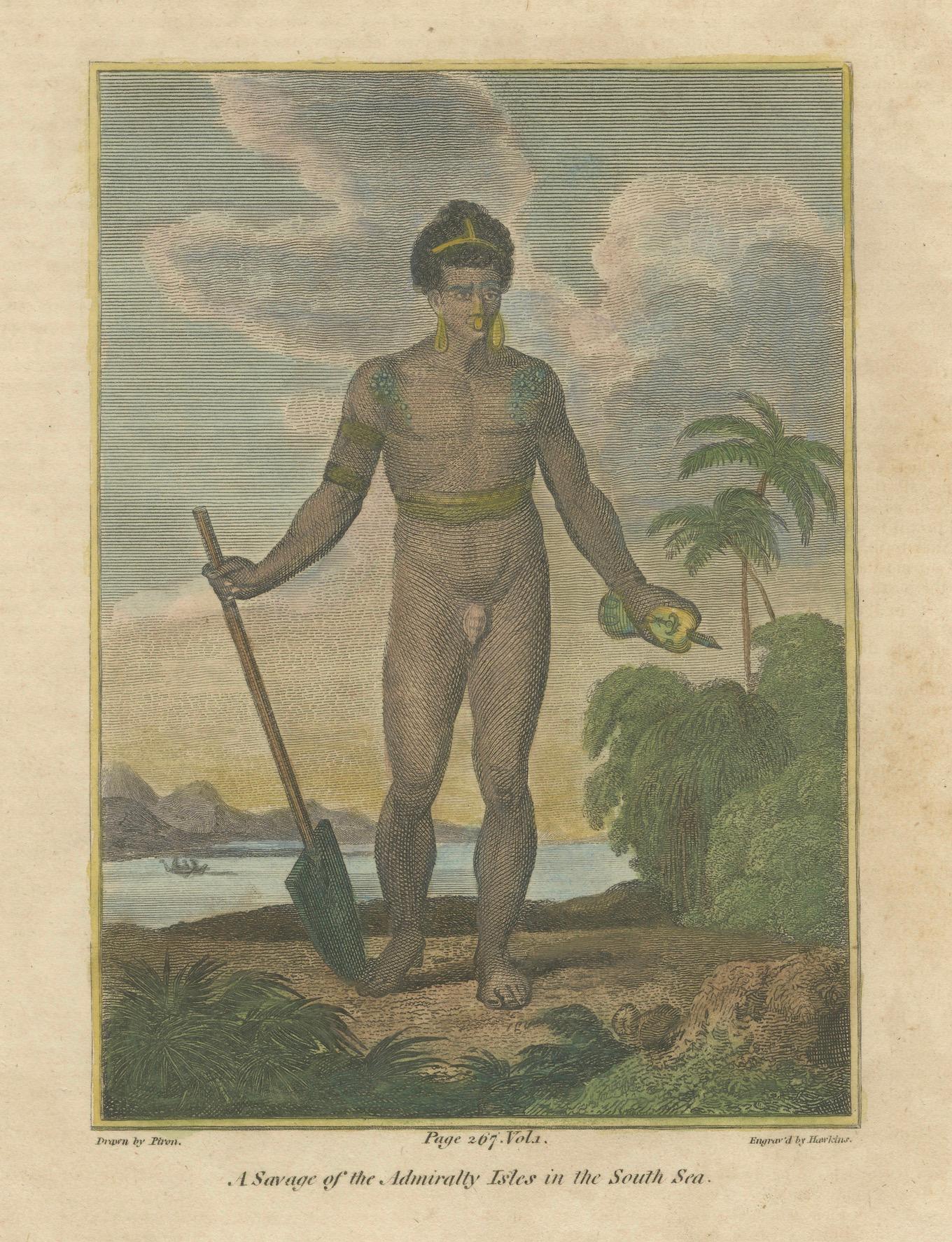 18th Century Savage of the Admiralty Isles – Hand-Colored Ethnographic Engraving, c.1785 For Sale