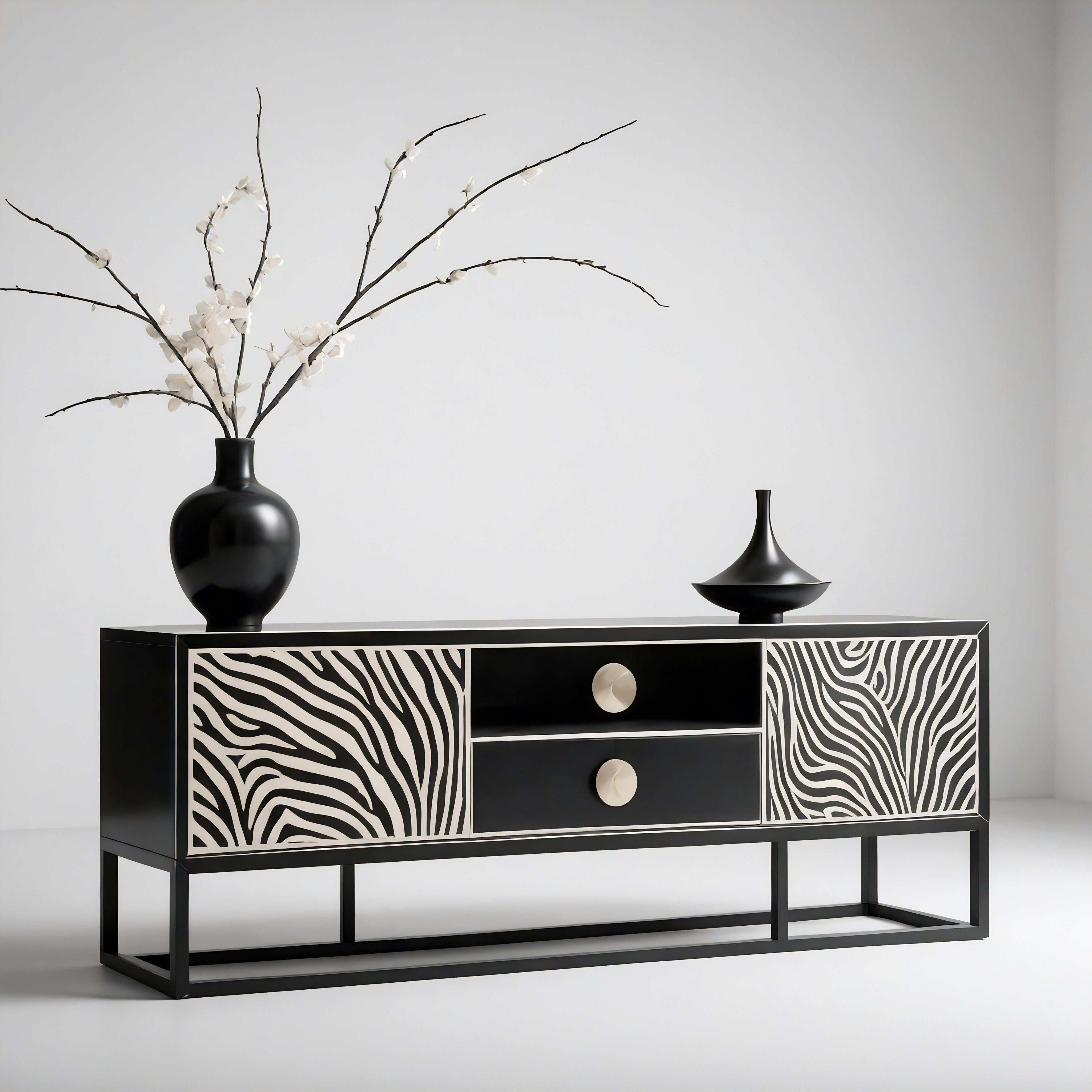Consola multimedia Savanna, una impresionante pieza de nuestra colección de muebles Savanna. Esta consola multimedia está diseñada para llevar la belleza salvaje de la sabana a tu hogar, con un llamativo estampado de cebra adornando sus puertas