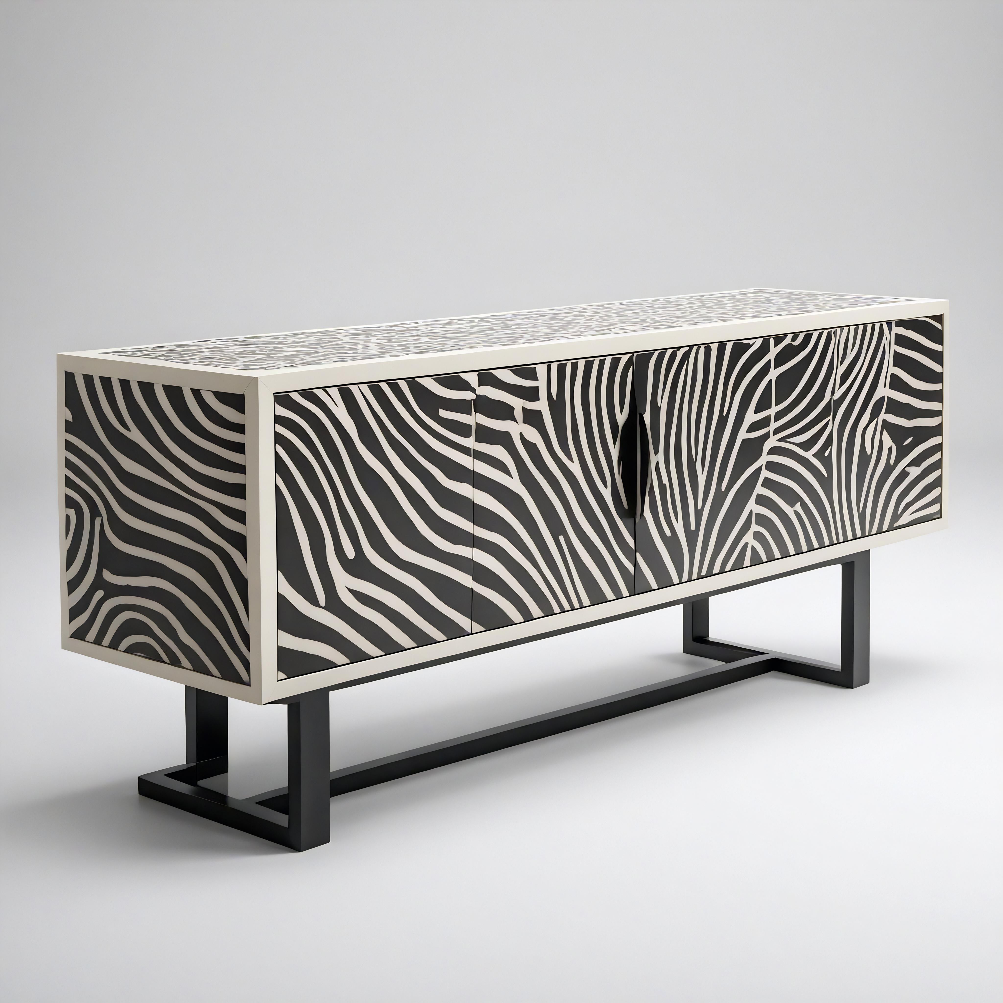 Consola multimedia Savanna, una impresionante pieza de nuestra colección de muebles Savanna. Esta consola multimedia está diseñada para llevar la belleza salvaje de la sabana a tu hogar, con un llamativo estampado de cebra adornando sus puertas