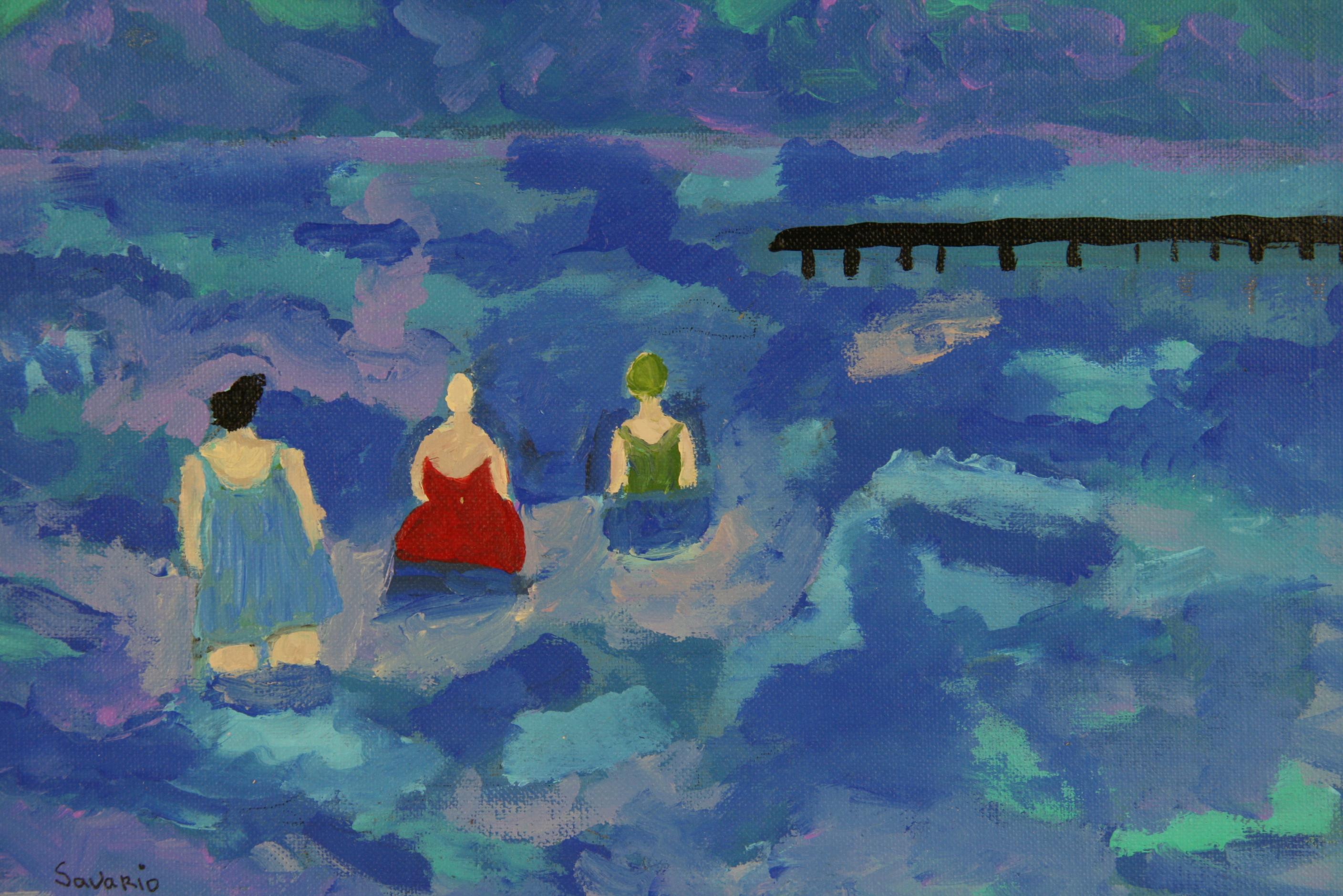 Trois baies de bains figuratives bleues  Peinture de paysage - Painting de Savario