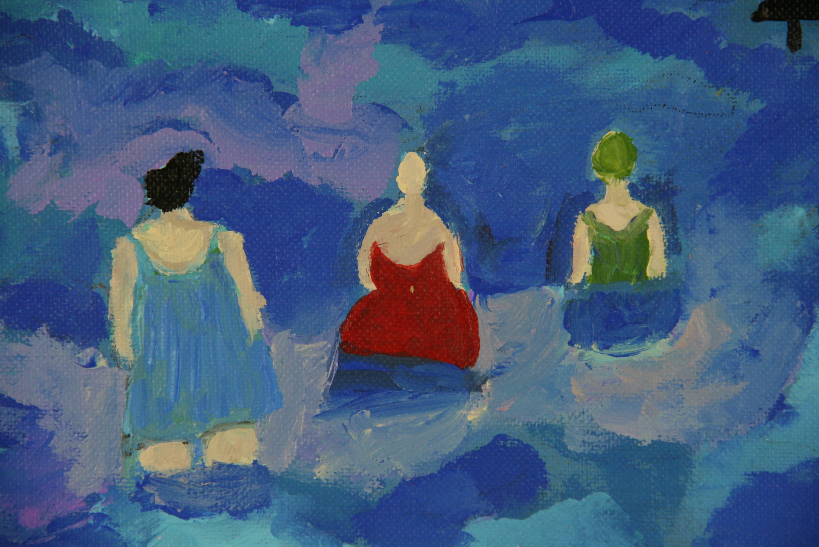 Three Bathing Beauties Figurative Blue Sea  Landscape Painting For Sale 1