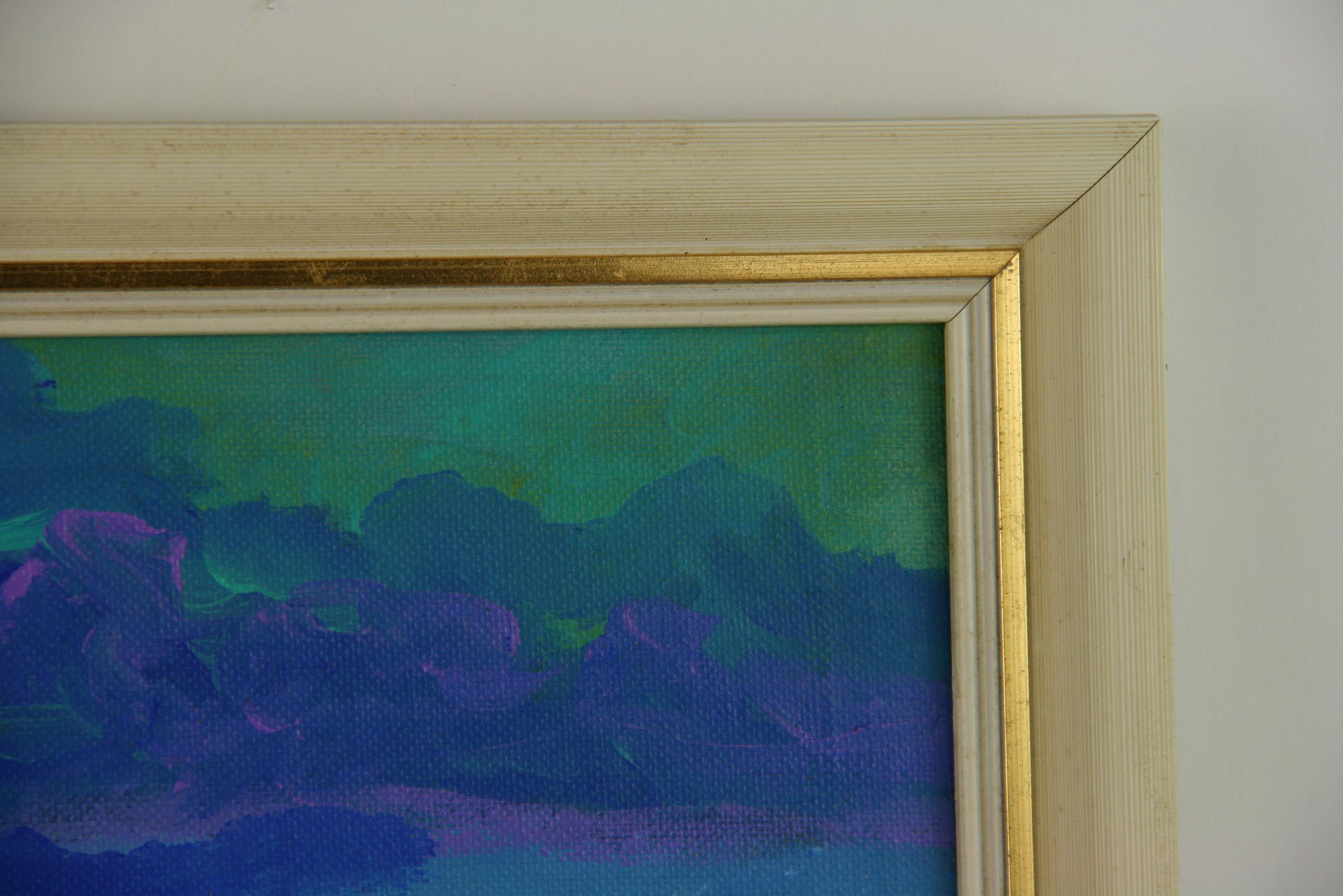 Trois baies de bains figuratives bleues  Peinture de paysage en vente 1