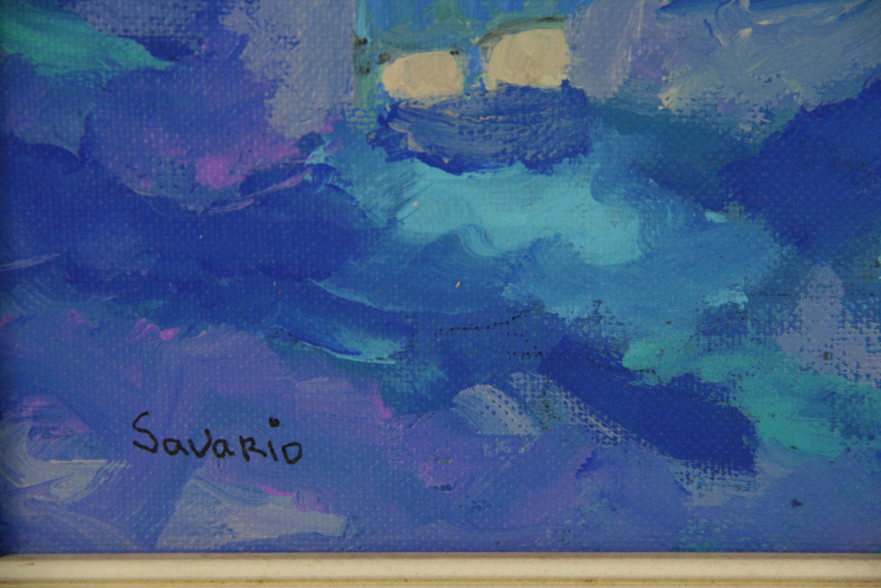 Trois baies de bains figuratives bleues  Peinture de paysage en vente 2