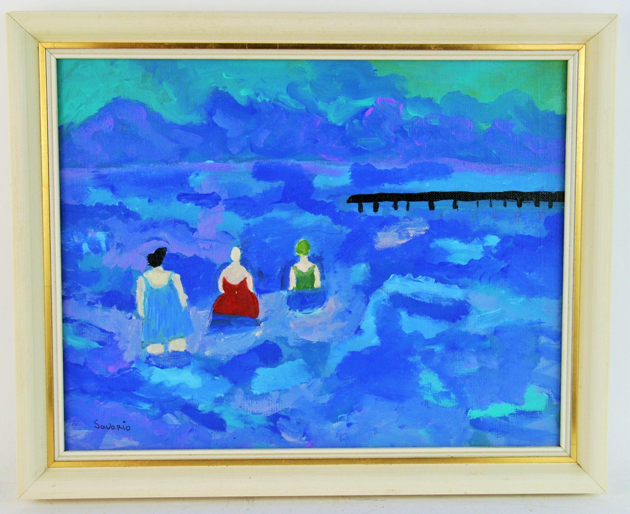 Figurative Painting Savario - Trois baies de bains figuratives bleues  Peinture de paysage