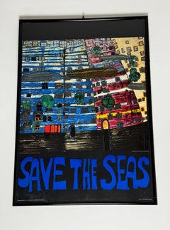 Save the Seas, Foil Embossed Poster by Hundertwasser 1984, framed