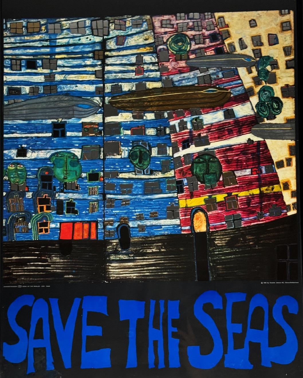 Mid-Century moderno Save the Seas, poster in rilievo con lamina di Hundertwasser 1984, incorniciato in vendita
