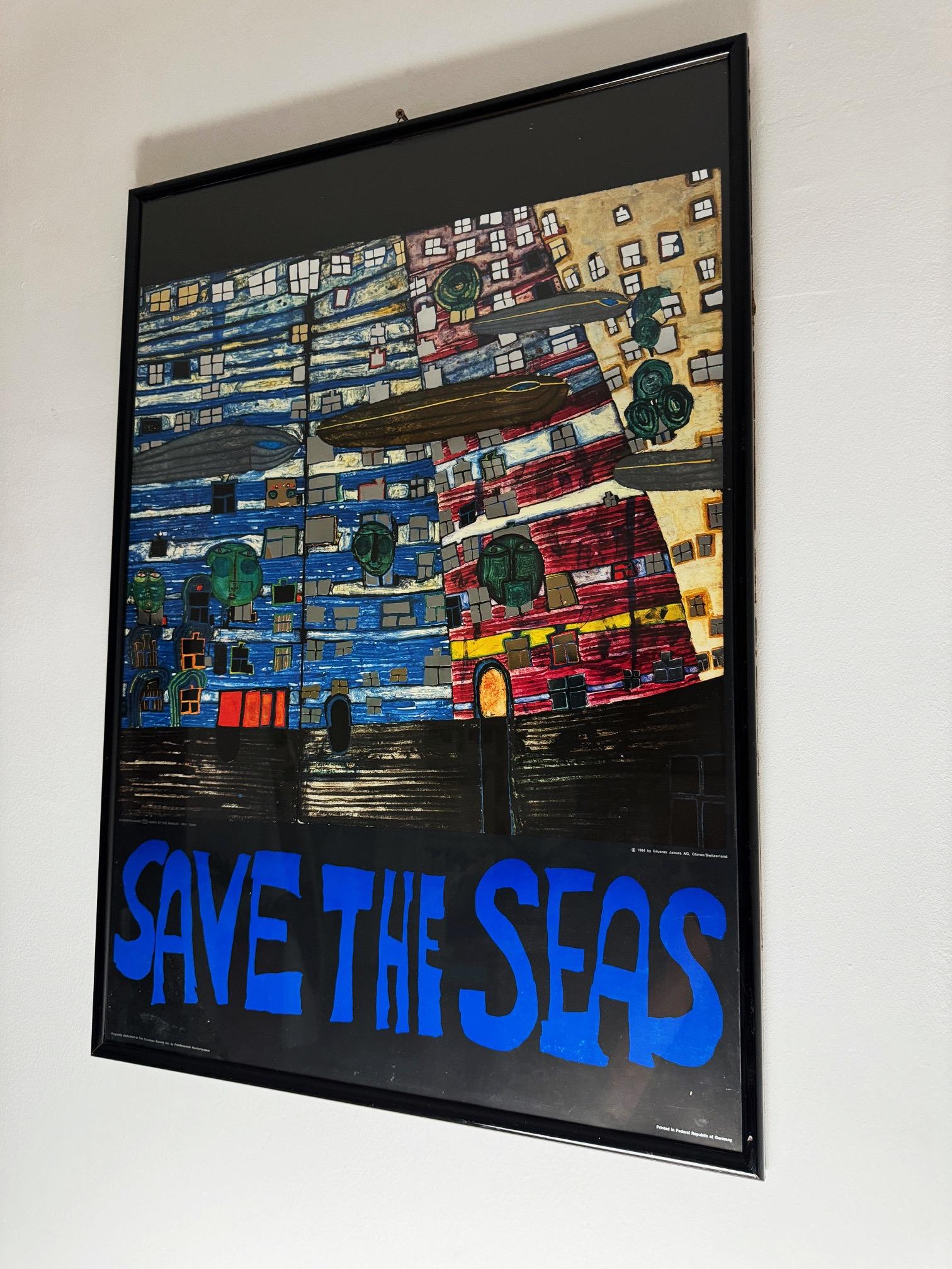 Tedesco Save the Seas, poster in rilievo con lamina di Hundertwasser 1984, incorniciato in vendita