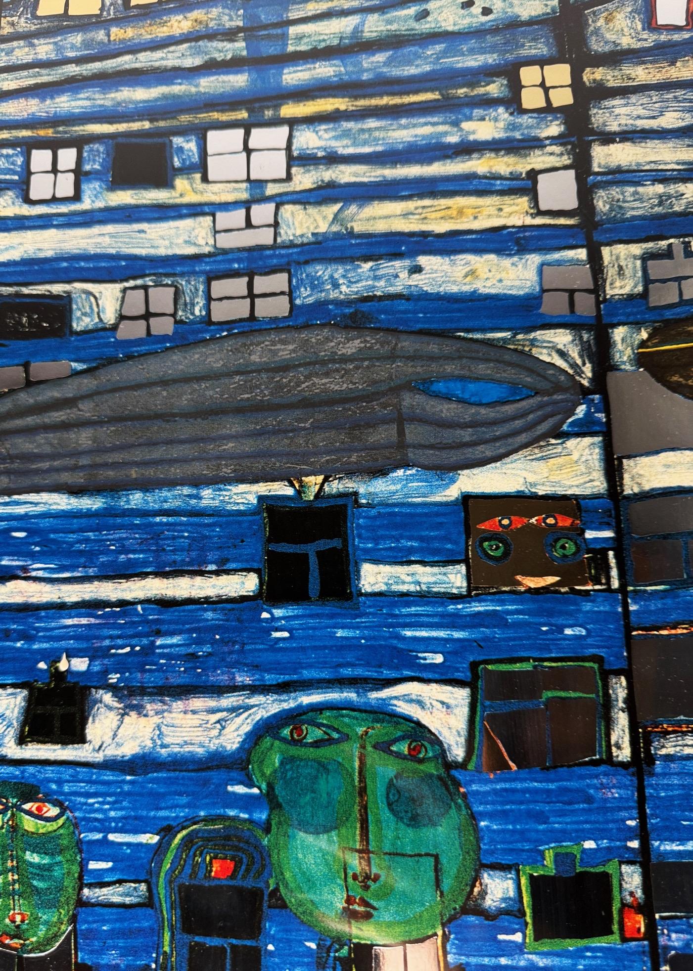 Stagnola Save the Seas, poster in rilievo con lamina di Hundertwasser 1984, incorniciato in vendita
