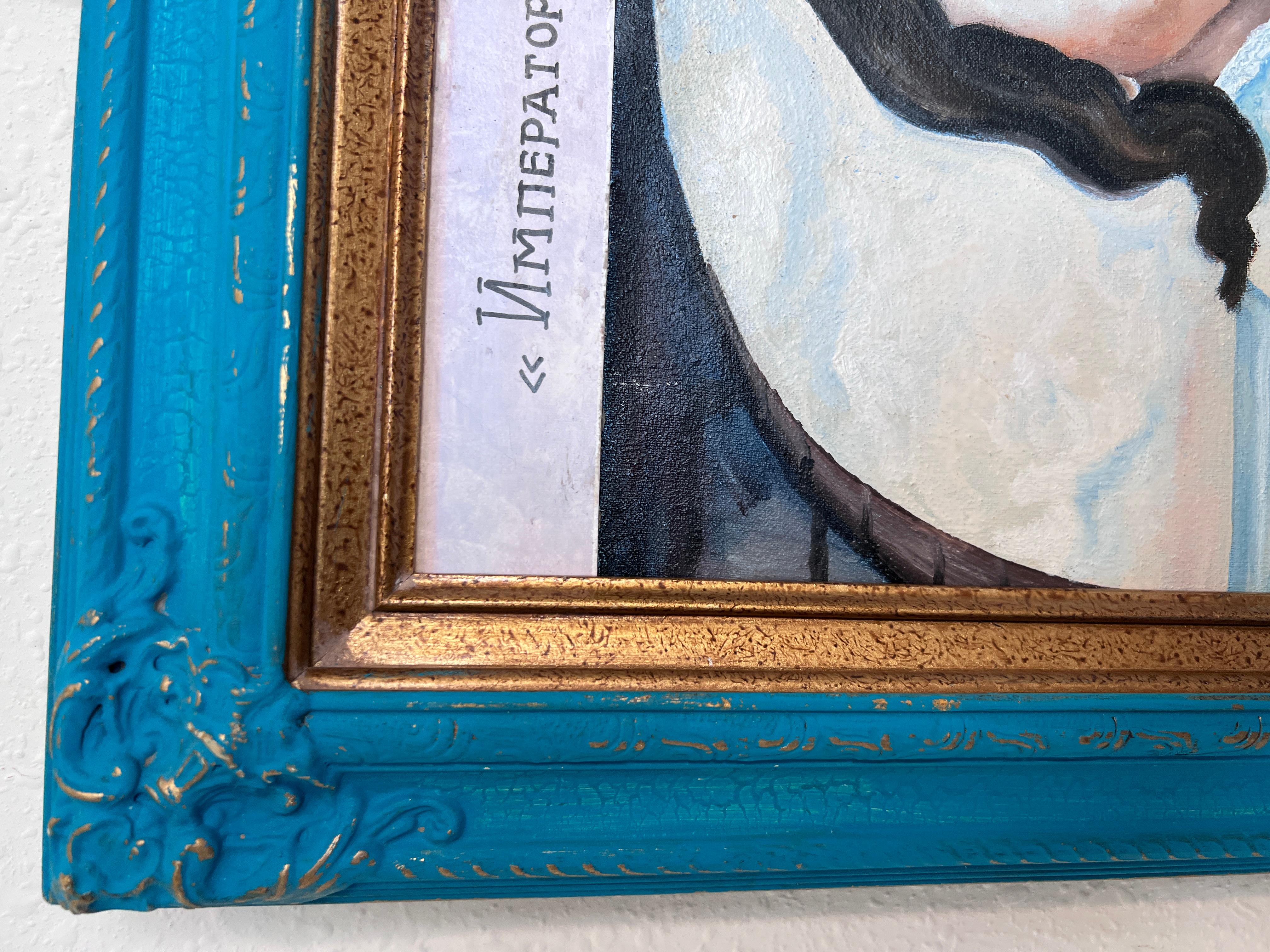 Dieses markante Öl auf Leinwand, gemalt und signiert vom russischen Künstler A.G. Saweljew (Савельев А.Г.) aus dem Jahr 2001, stellt Peter I. (Peter der Große, 1672-1725), den ersten Kaiser von Russland, dar. Die Komposition zeigt den Zaren in