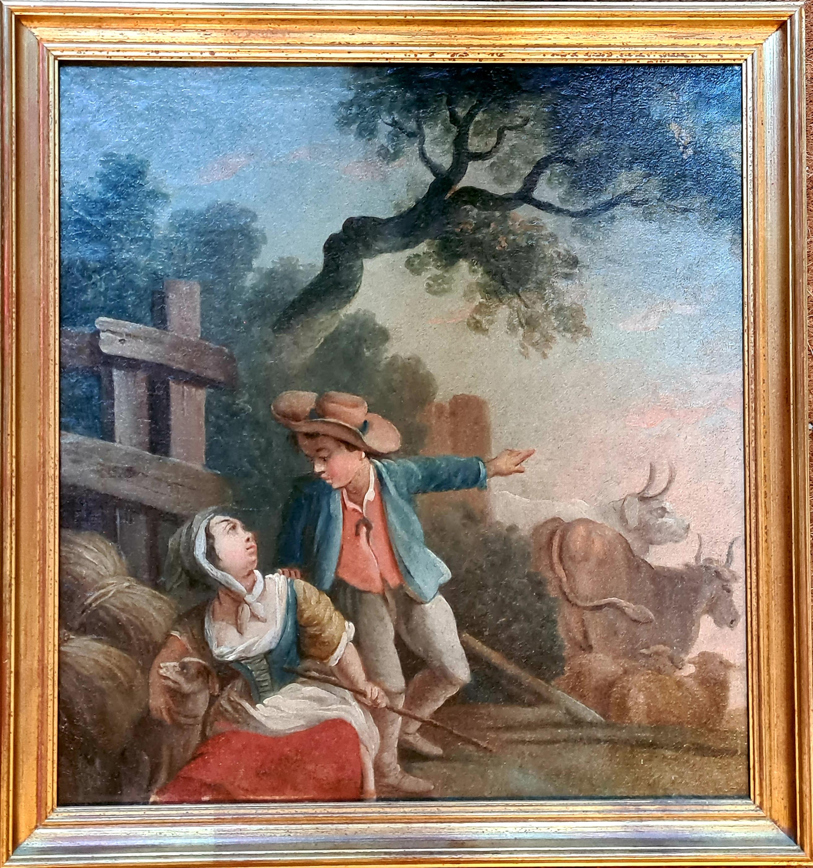 Late 18th or early 19th century oil on canvas Rococo idylic pastoral scene. Though not signed the painting is of very fine quality and is presented in a plain gilt wood frame. 

This charming pastoral scene depicts a young boy and girl in a rustic